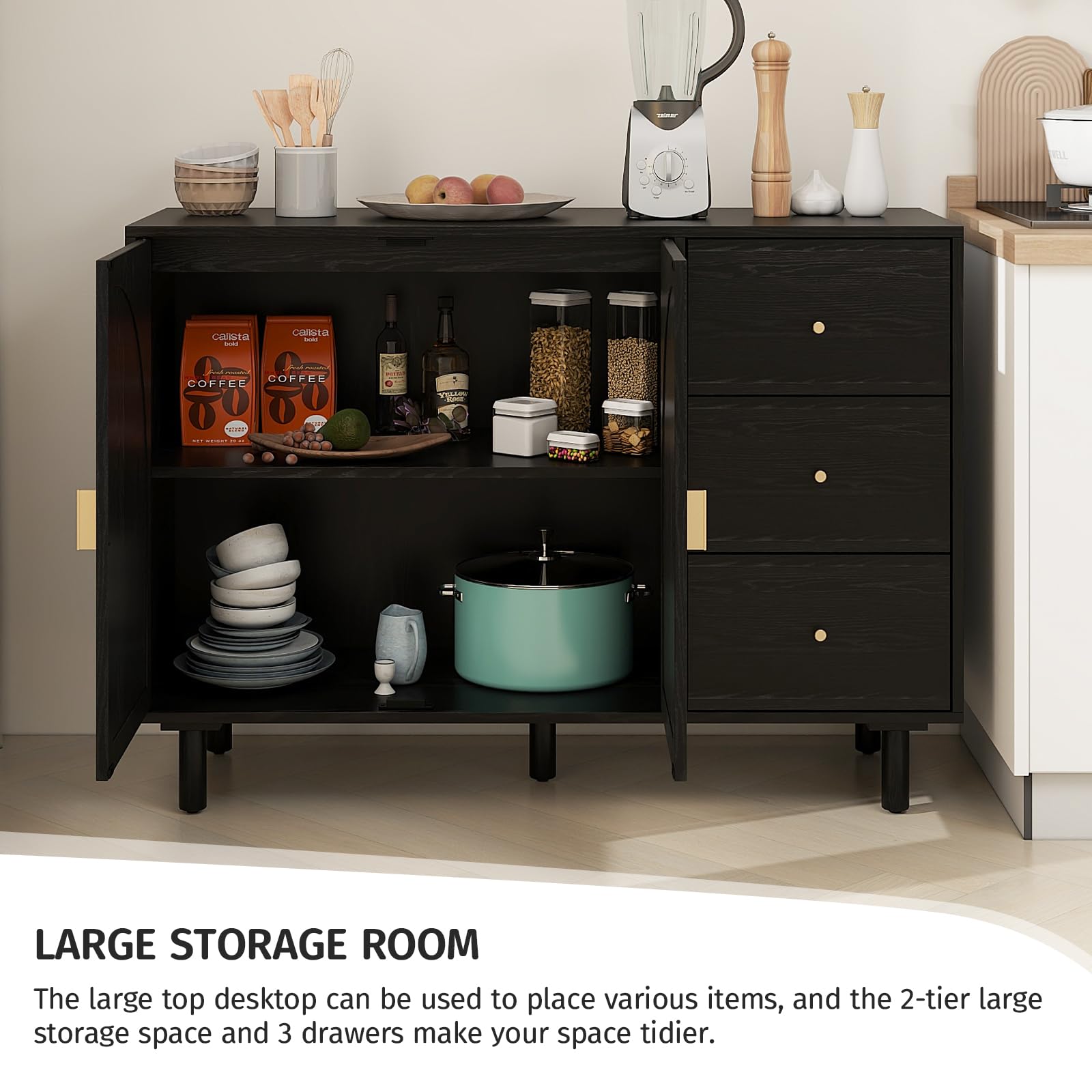 Modern Rattan Sideboard Buffet Cabinet with 2 Doors & 3 Drawers - Adjustable Shelves Storage Console for Living Room, Kitchen, Dining Room - Boho Chic Home Decor Accent Furniture (Black) | Perfect for Entertaining, Displaying Decor & Organizing Dishes