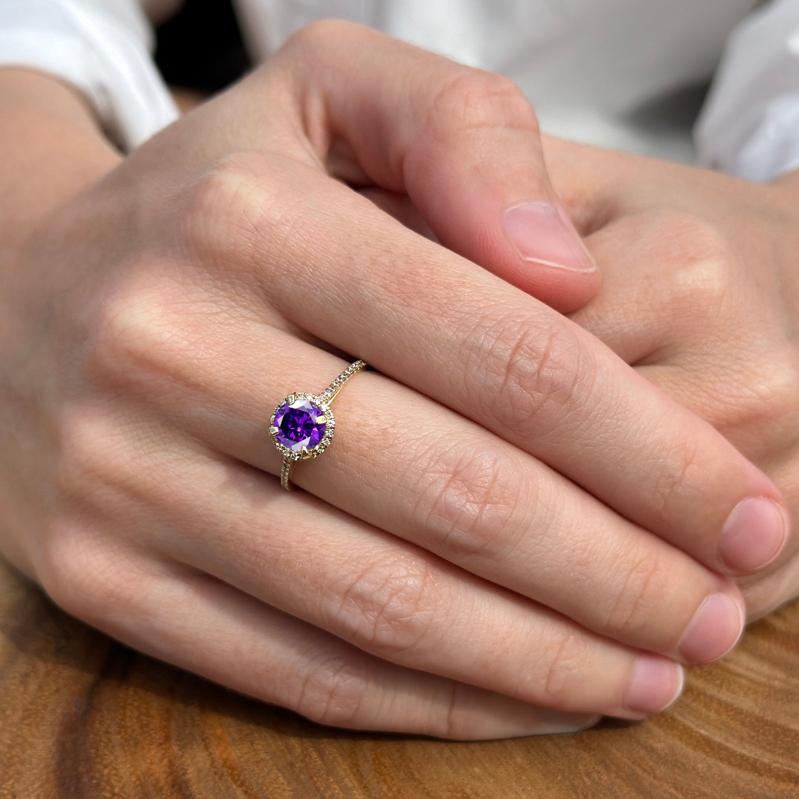 14K Yellow Gold Round Halo Natural Amethyst Vintage Style Diamond Ring for Women - Elegant Engagement, Wedding, Anniversary Gift Jewelry