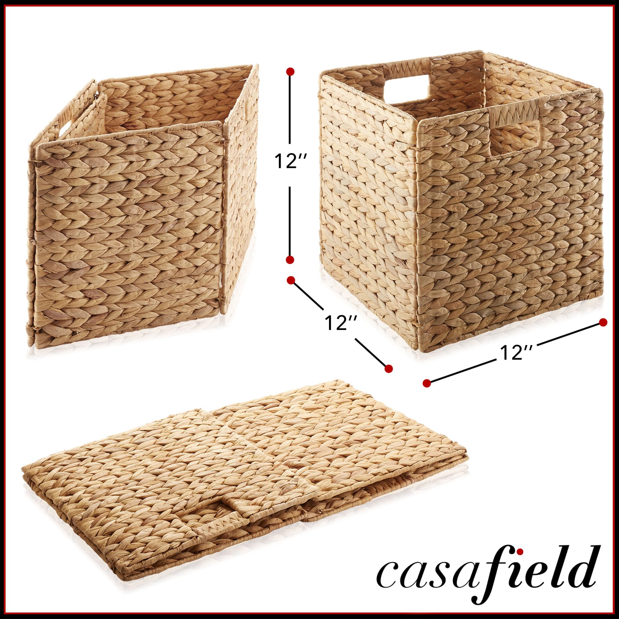 Casafield 12x12 Inch Natural Water Hyacinth Storage Baskets - Set of 6 Collapsible Woven Cube Organizers for Bathroom, Bedroom, Laundry & Pantry | Home Organization Bins for Shelves, Closet & Nursery Storage Solutions
