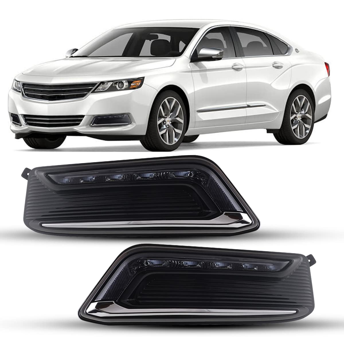 Winjet LED Fog Light Kit - OEM Replacement for 2014-2020 Chevy Impala - Smoke Lens Fog Lamps with Bezel, Wiring & Switch - Enhanced Visibility for Night Driving & Bad Weather Conditions