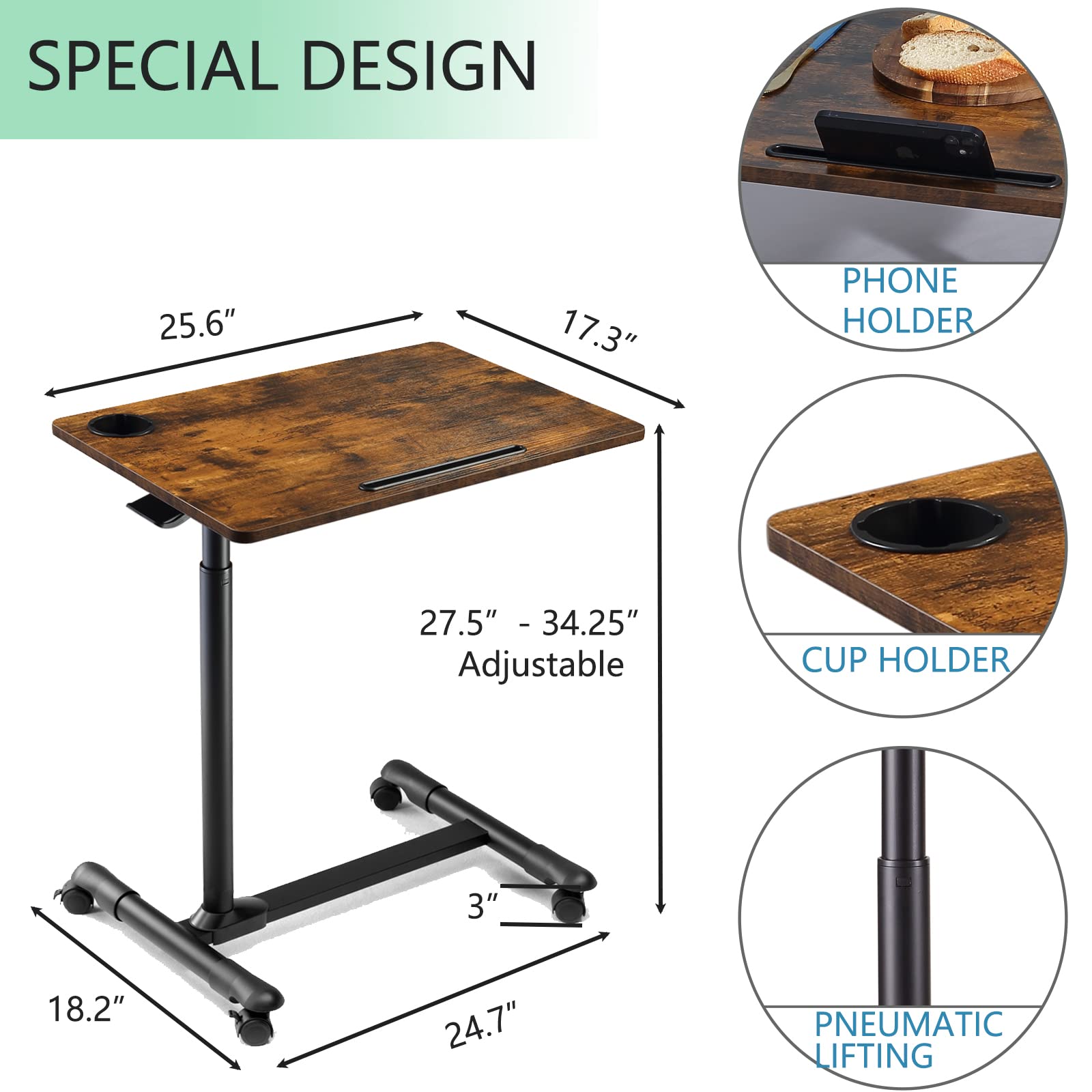 ETHU Adjustable Overbed Table with Wheels - Rolling Hospital Bedside Table for Laptop, Meals & Medical Use - Portable Tray Table for Home, Nursing & Patient Care
