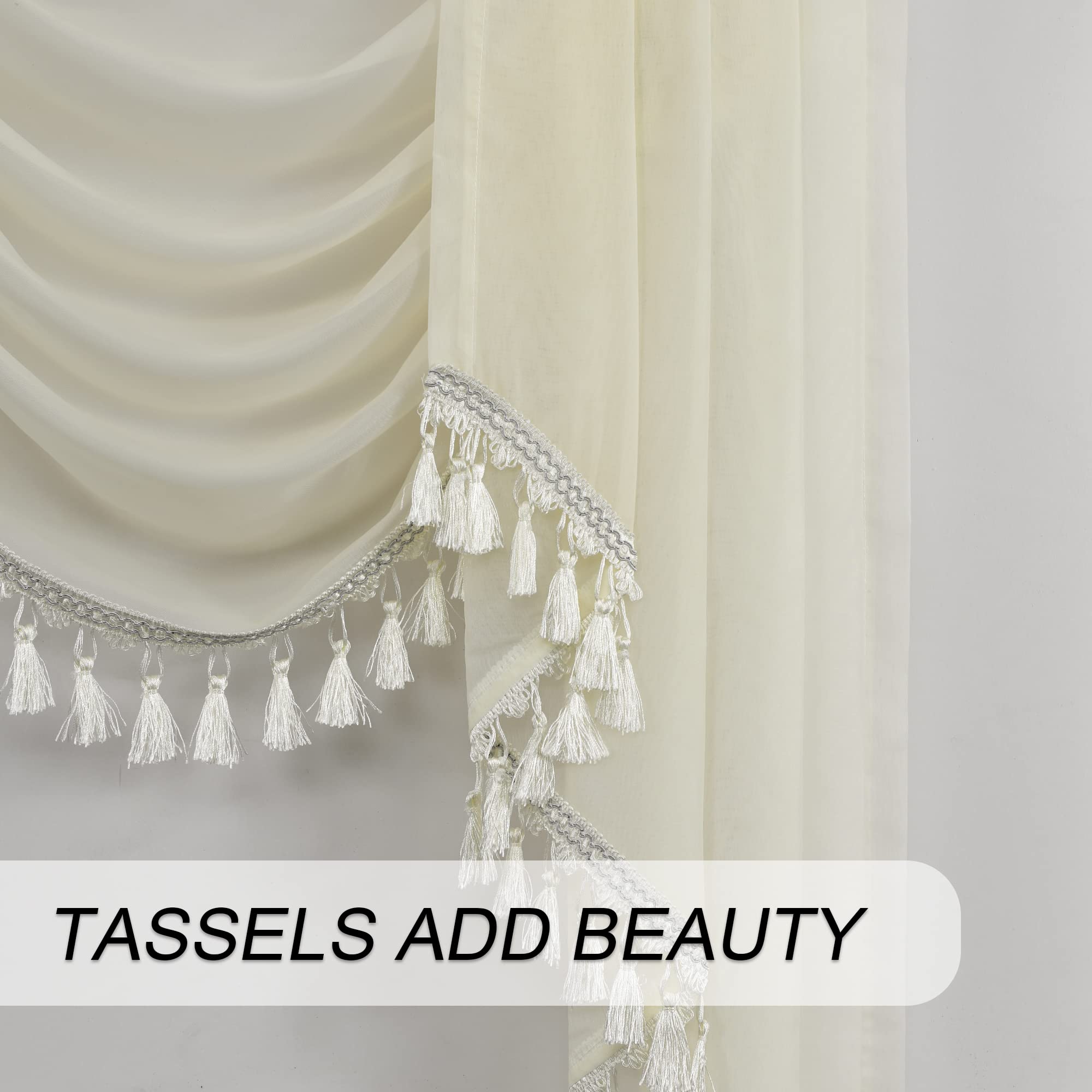 Sheer Waterfall Window Valance Curtains - Elegant Tassel Swag Topper for Kitchen & Living Room, Rod Pocket Design, 59 Inches Wide, Off-White - Perfect for Bay Windows, French Doors & Home Decor