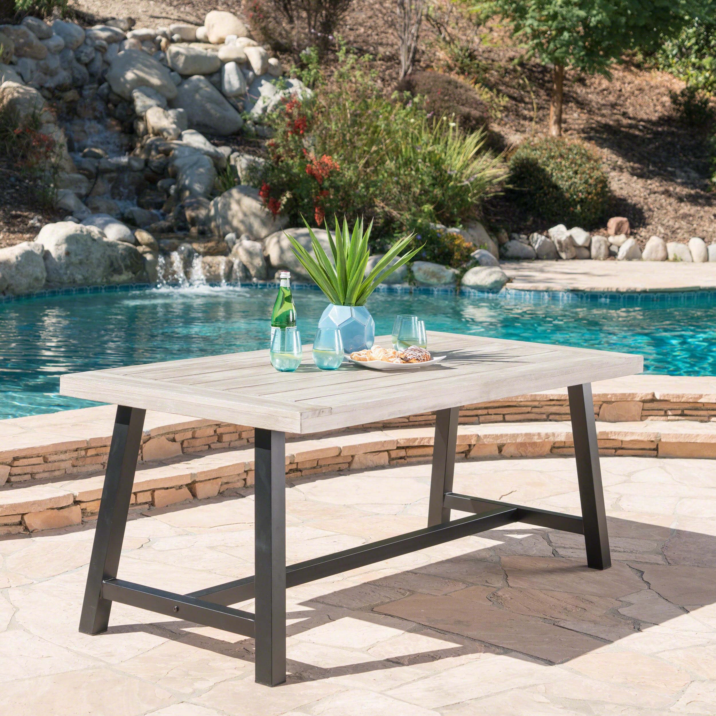 GDFStudio Acacia Wood Outdoor Dining Table - Sandblasted Light Gray Finish | Weather-Resistant Patio Furniture for Backyard, Garden & Poolside Dining