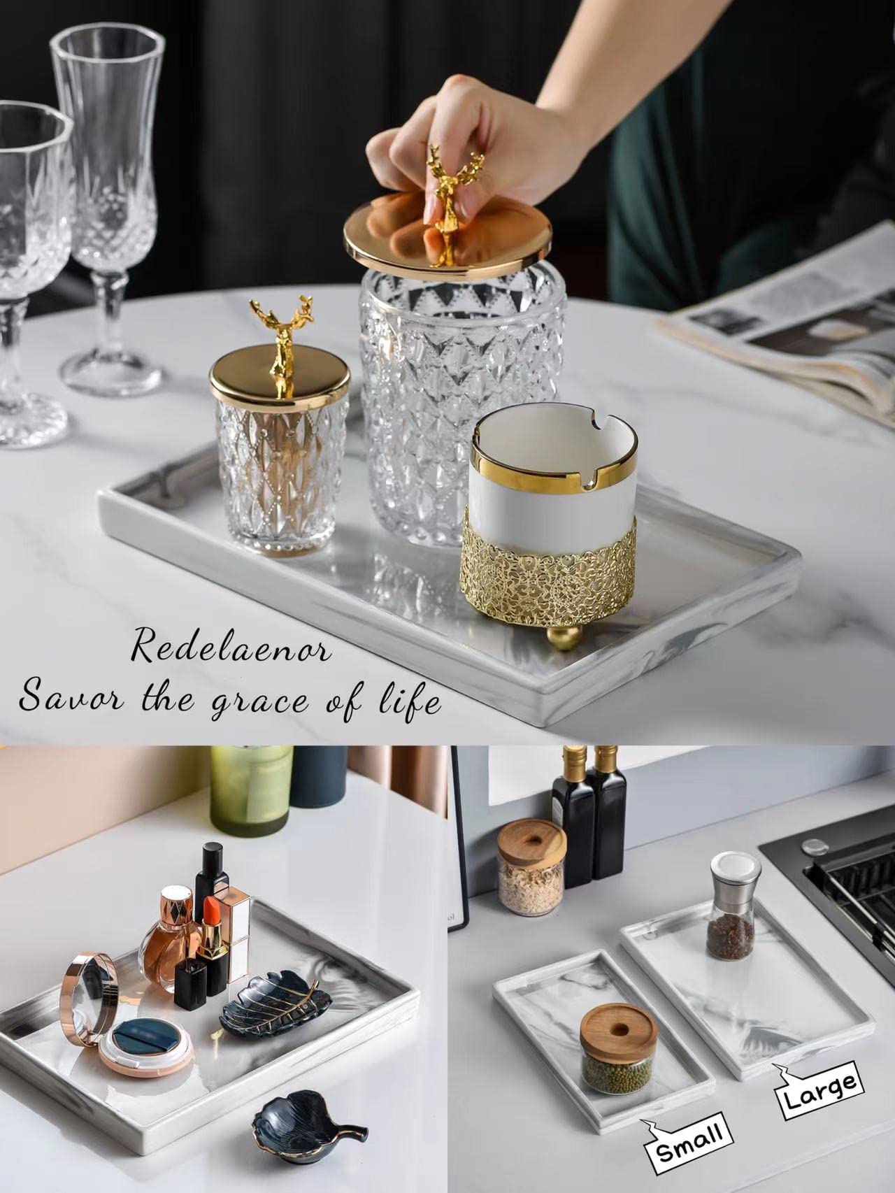 White Marble Vanity Tray for Bathroom - Jewelry & Perfume Organizer, Decorative Ceramic Serving Tray with Rectangle Design | Perfect for Makeup Display, Fragrance Storage & Home Decor