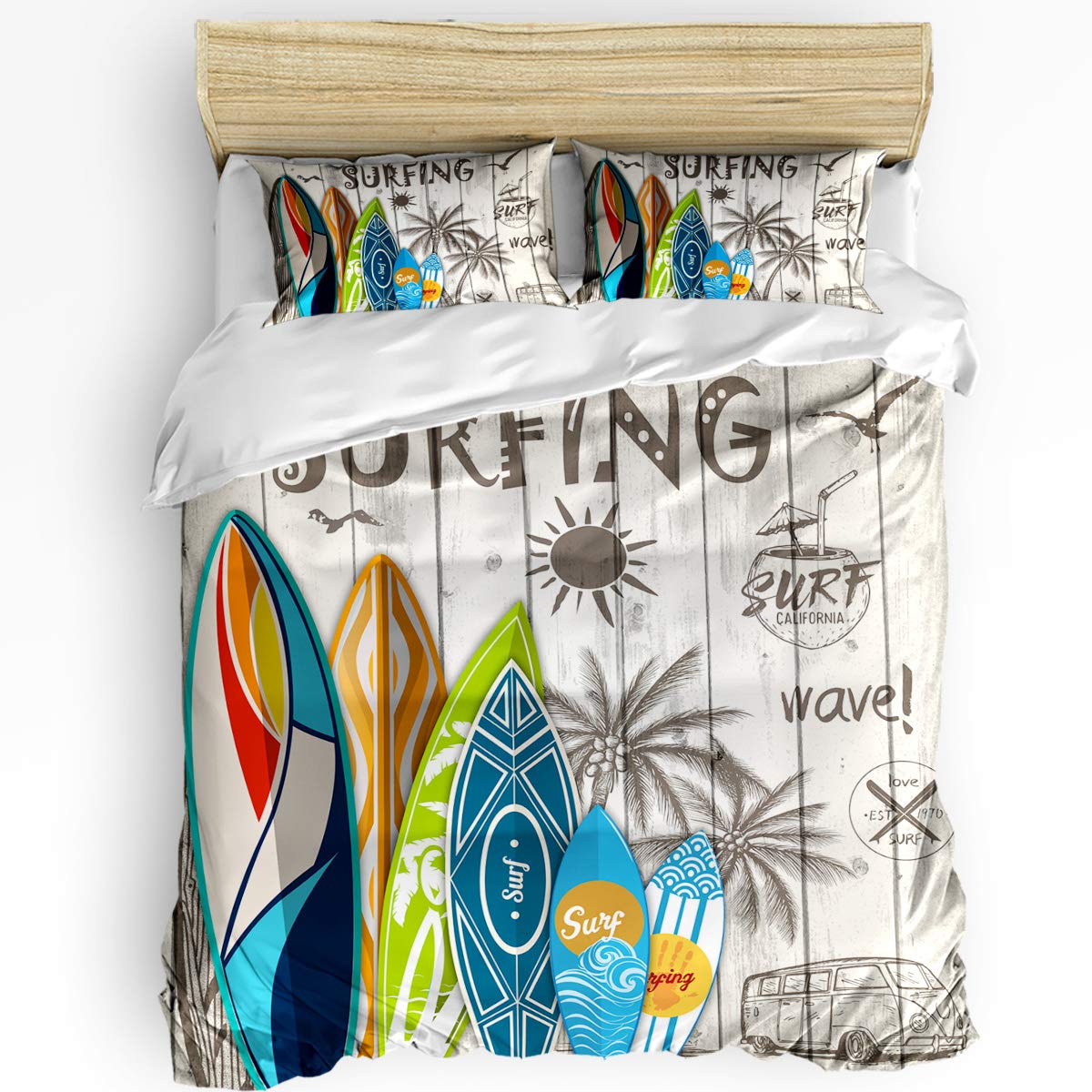 3-Piece Queen Size Floral Surfboard & Palm Tree Duvet Cover Set with Zipper Closure - Summer Wave Black Bedding for Kids, Teens & Adults | Perfect for Beach-Themed Bedrooms & Vacation Homes