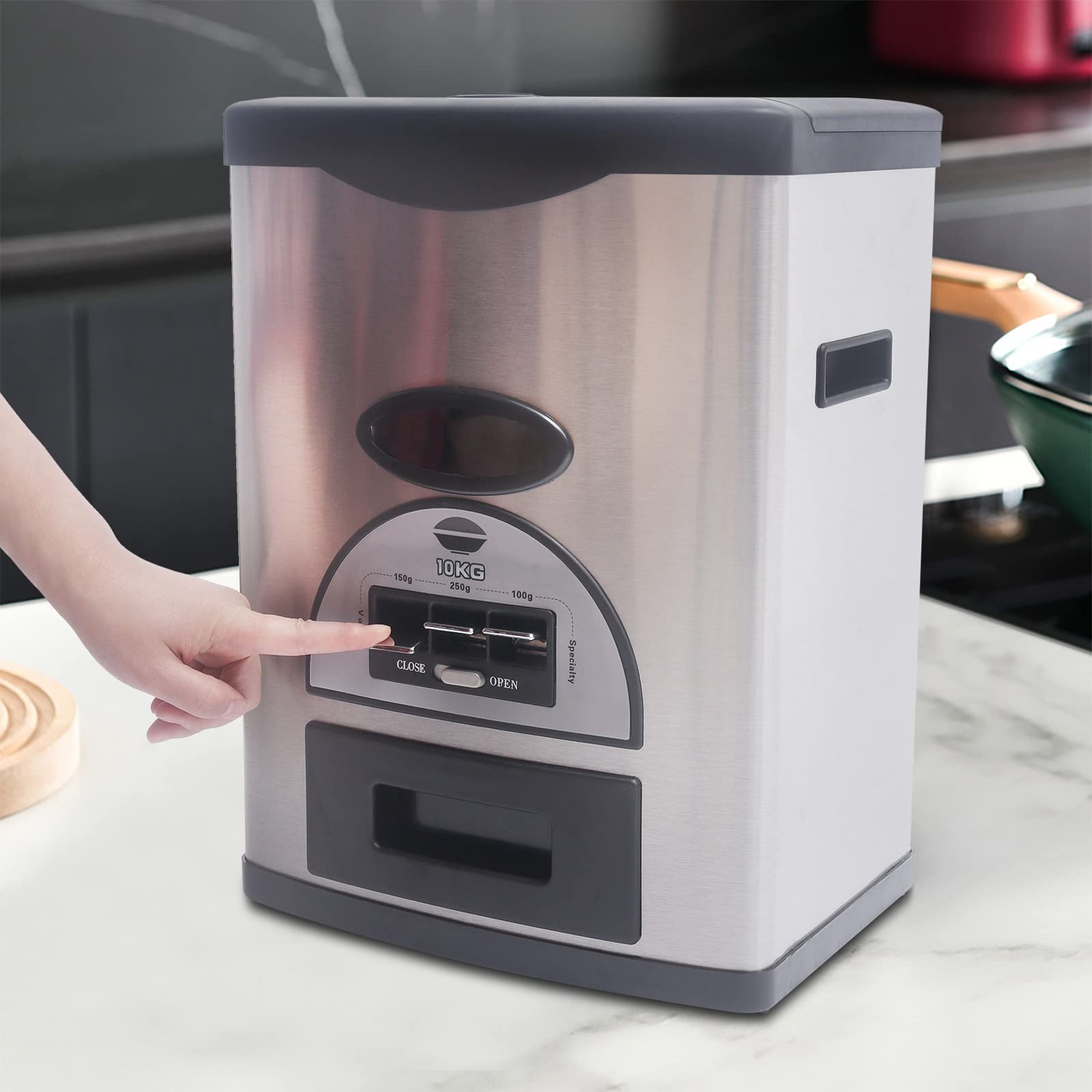 Automatic Rice Dispenser Container - 10kg/22lb Large Capacity Stainless Steel Kitchen Storage with Measuring Cup - Perfect for Countertop Organization & Easy Rice Portioning in Home, Restaurant or Dorm