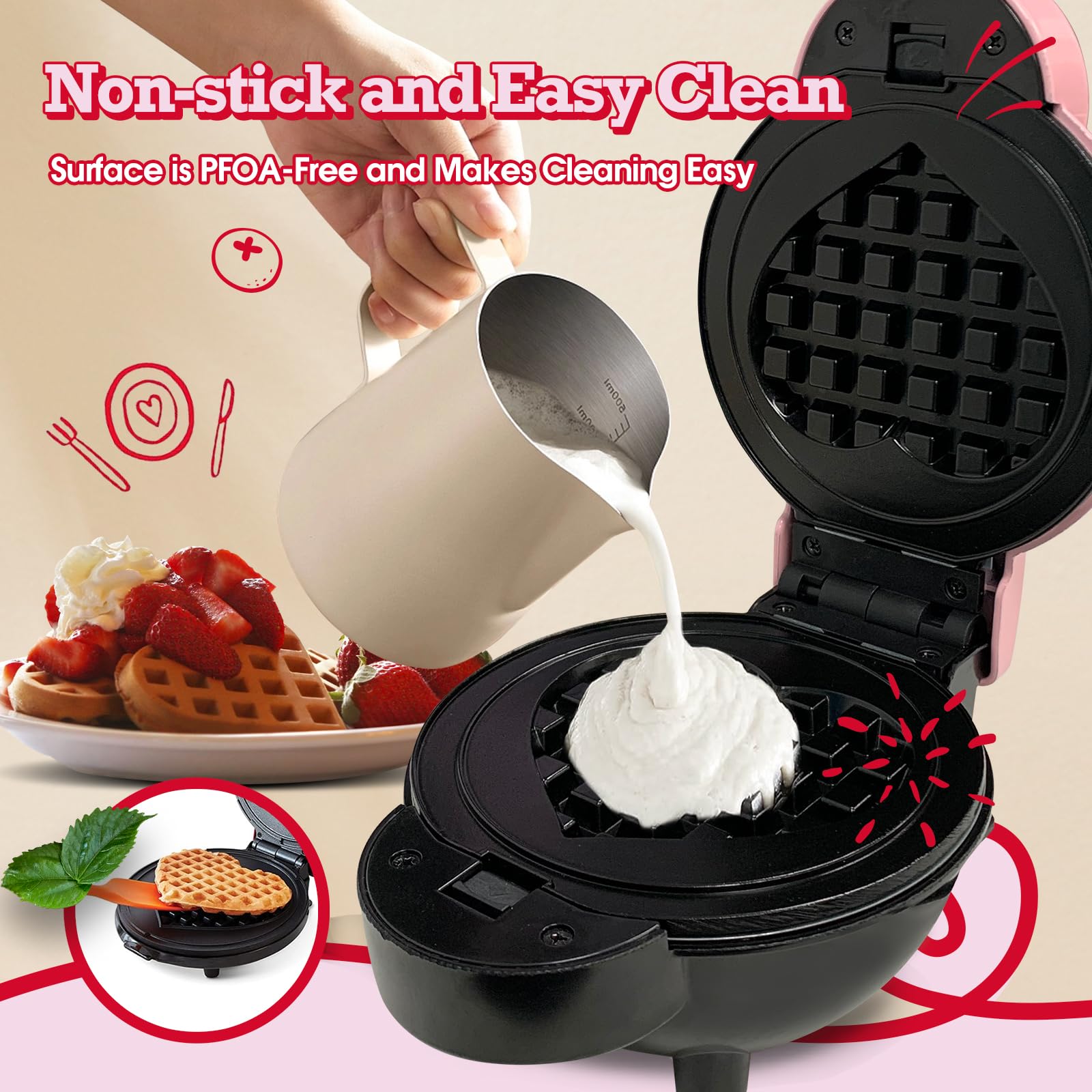 Mini Waffle Maker with 6 Removable Plates - 3-in-1 Multi-Function Heart Waffle Iron for Keto Diet, Kids & Family - 4