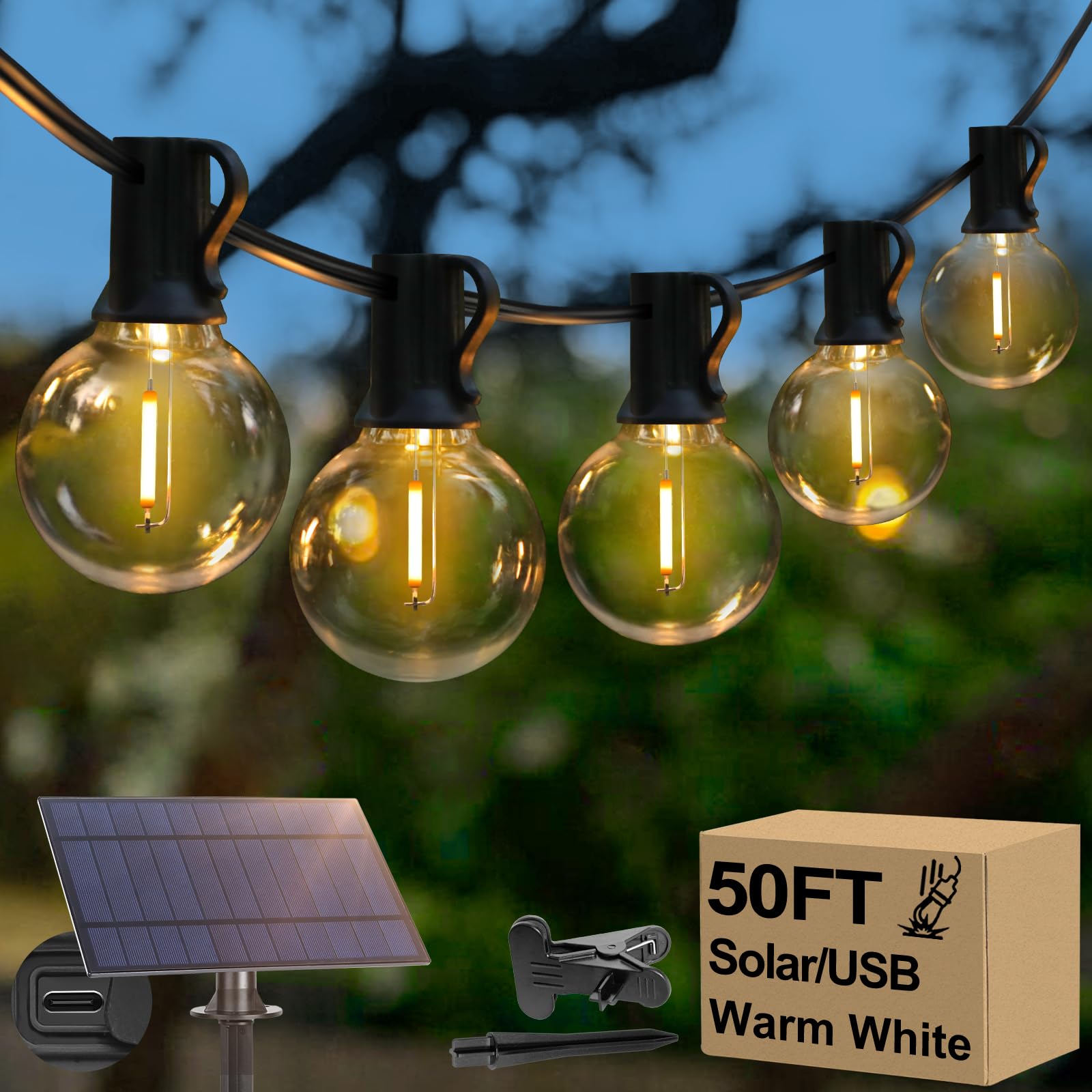 50FT Solar String Lights Outdoor Waterproof - 27 G40 Shatterproof E12 Bulbs, 2700K Warm White LED Solar Powered Lights for Patio, Garden, Backyard, Porch Decor | Perfect for Parties, Weddings & Outdoor Gatherings