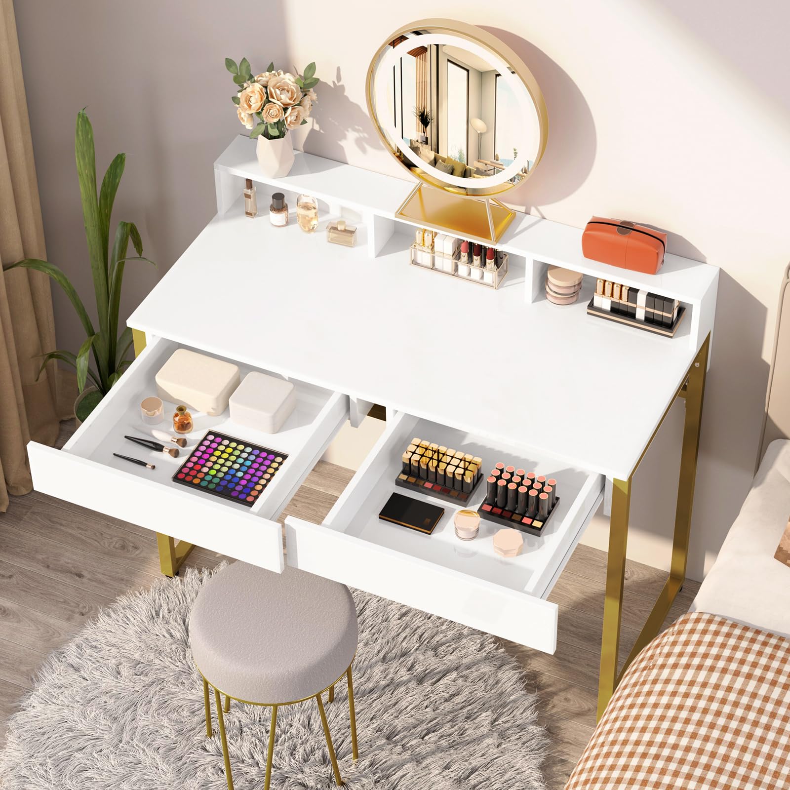 Modern White Vanity Desk with Drawers & Gold Legs for Bedroom & Home Office