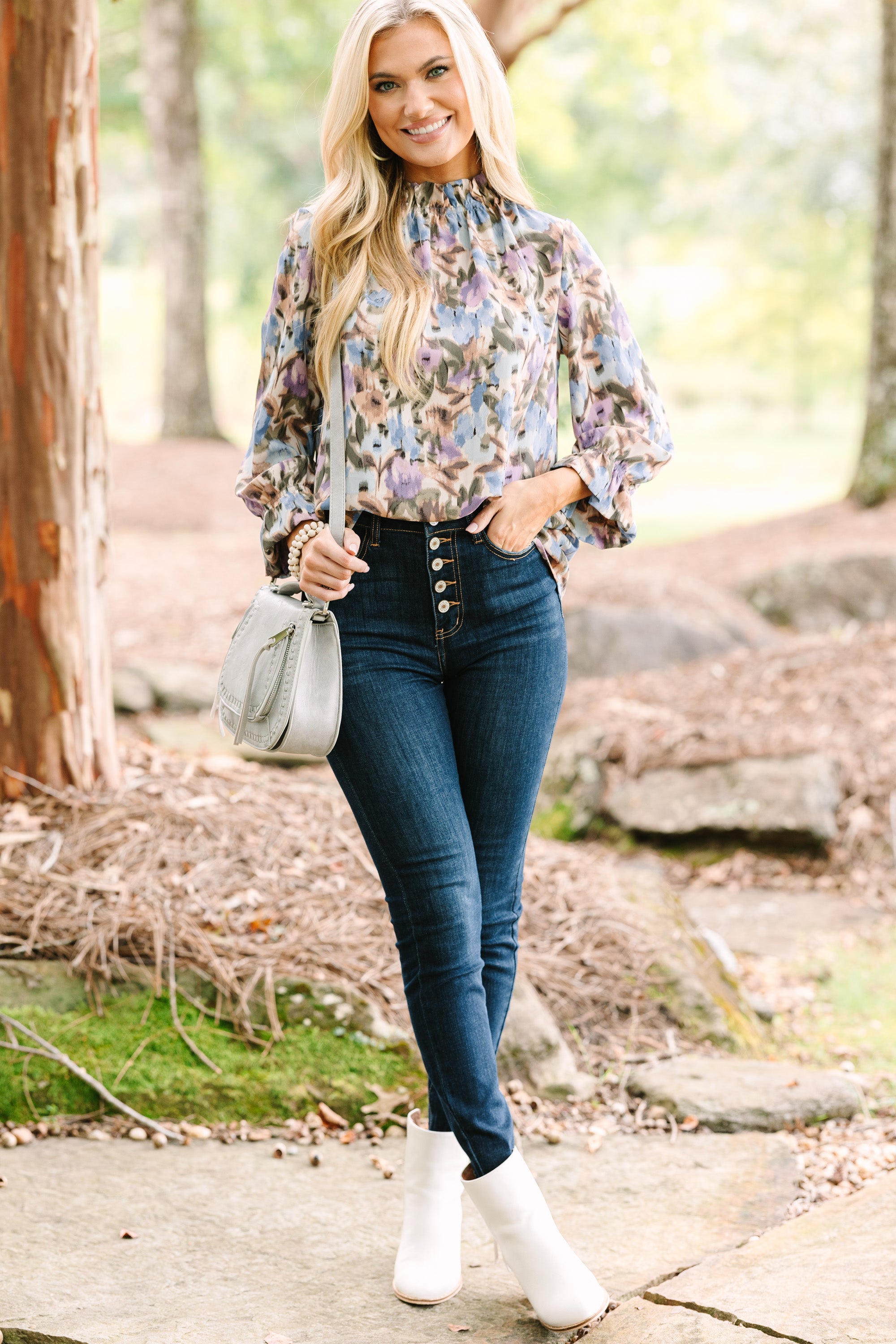 Elegant Dusty Lilac Purple Floral Blouse for Women - Stylish Spring Summer Office & Date Night Outfit