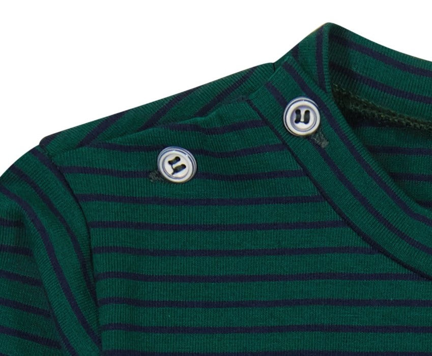 Henry Boys Button Shoulder Long Sleeve Tee - Forest Navy Stripe Cotton Shirt for Kids | Casual School Wear & Playdate Outfit