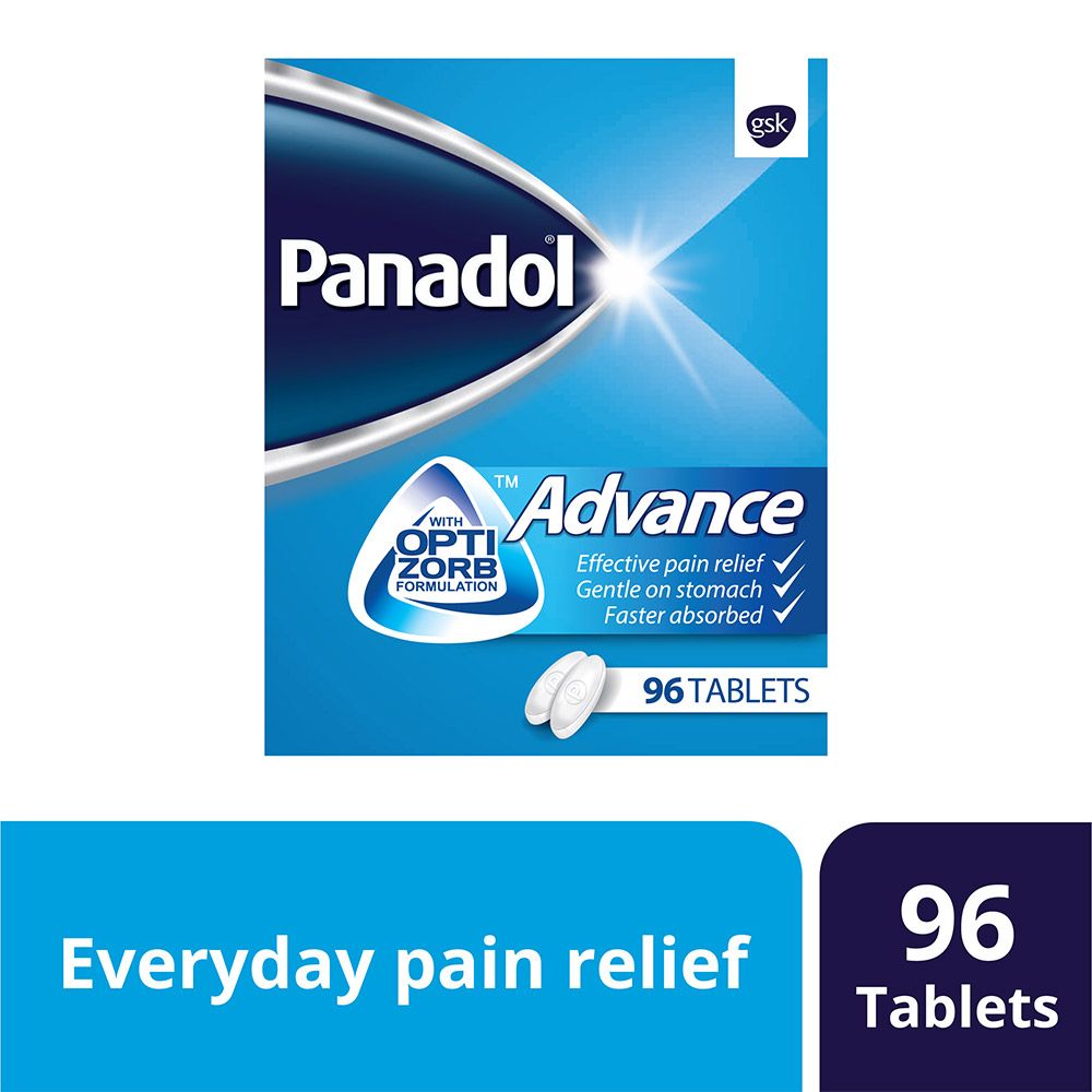 Panadol Advance Paracetamol 500mg Tablets (96 Count) - Fast-Acting Fever Reducer & Pain Relief Medicine for Headaches, Muscle Aches & Colds | Home & Travel First Aid Essential