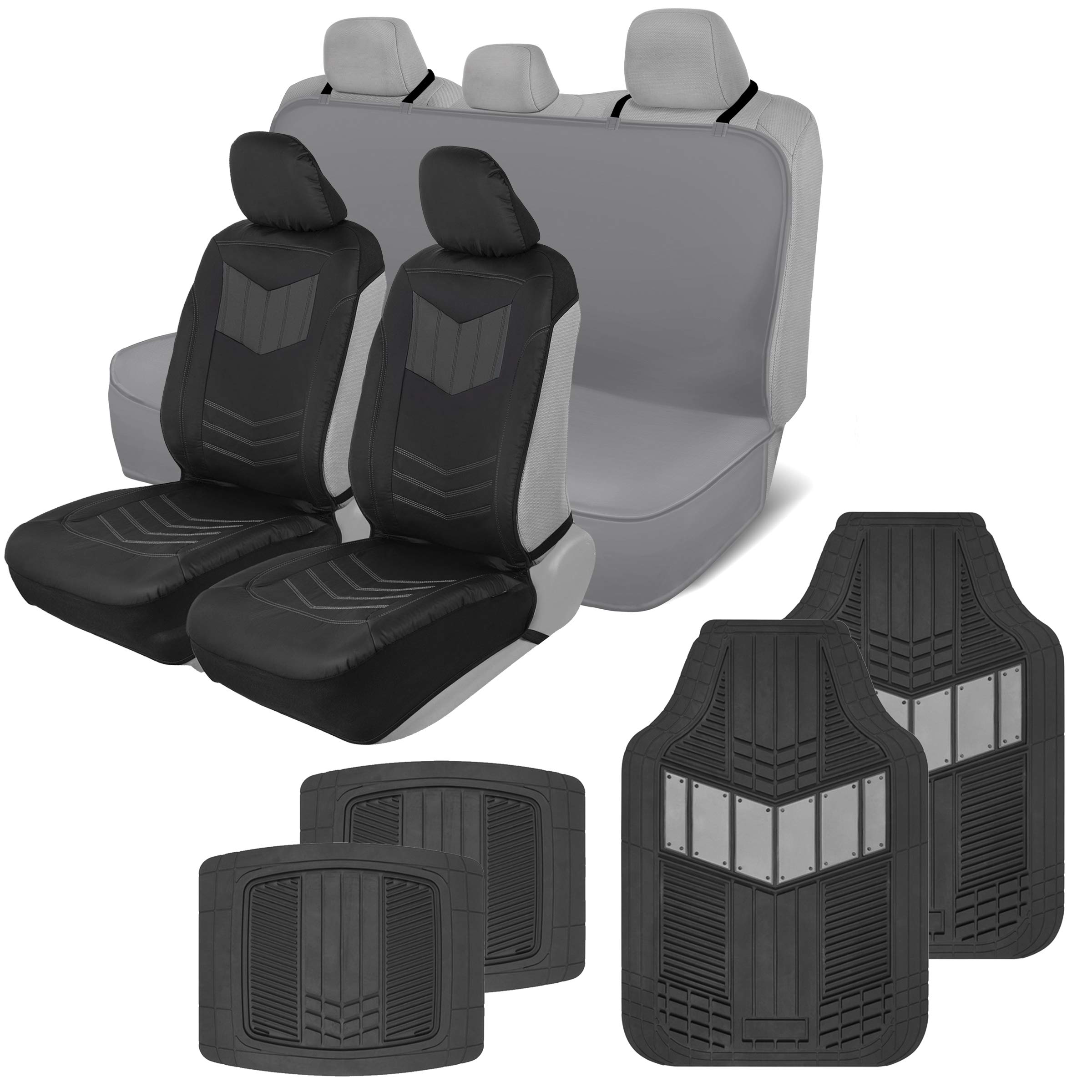 Motor Trend Supersport 2-Pack Front Car Seat Covers, 4-Piece Heavy Duty Floor Mats Set, and Waterproof Rear Bench Seat Cover - Universal Fit for Cars, Trucks, Vans & SUVs - Easy to Install - Gray - Perfect for Road Trips, Daily Commutes and Family Adventures