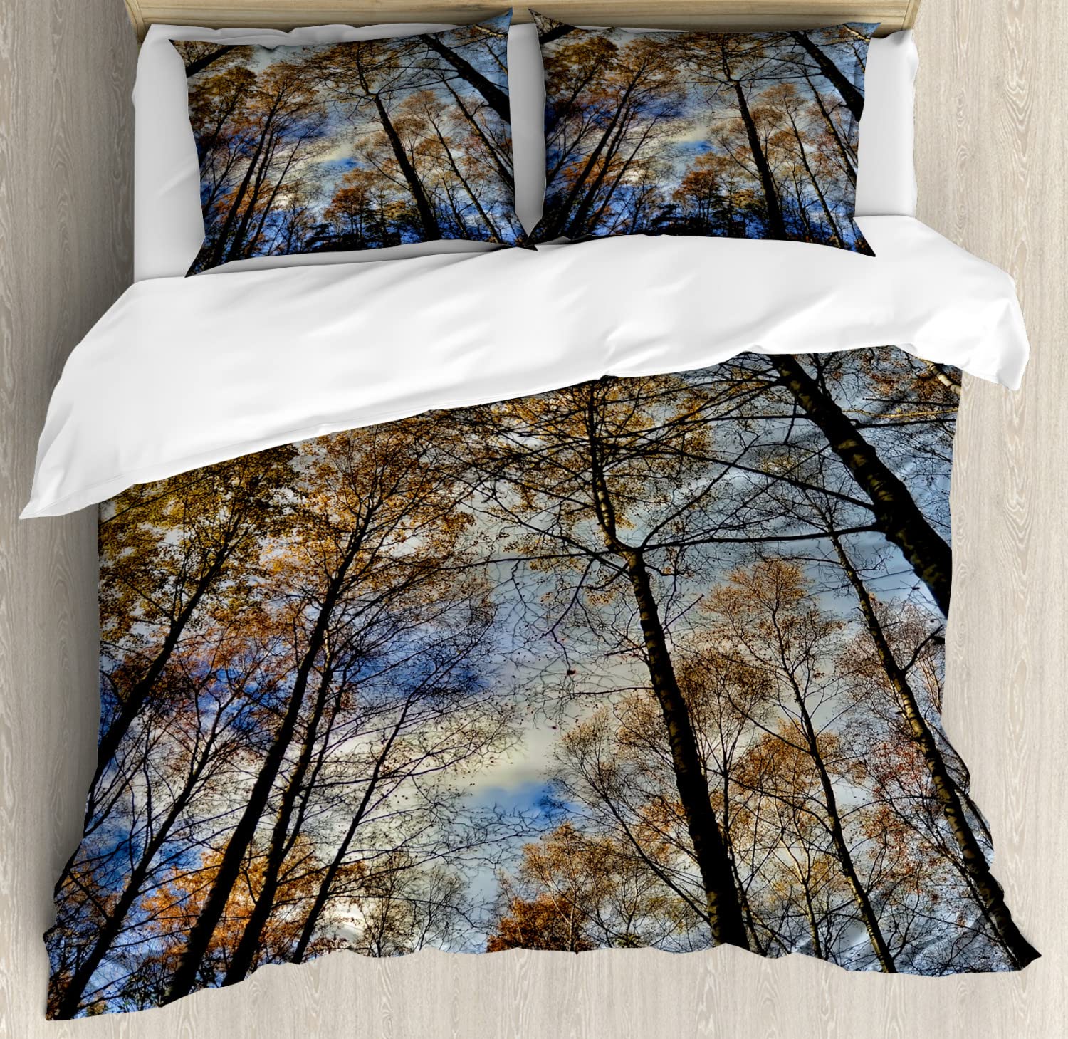 Ambesonne Fantasy Duvet Cover Set - King Size 2 Pack with 2 Duvet Covers & 4 Pillowcases, Majestic Pine Trees Against Sky Nature Print in Blue & Brown - Perfect for Cozy Bedrooms, Guest Rooms & Cabin Retreats