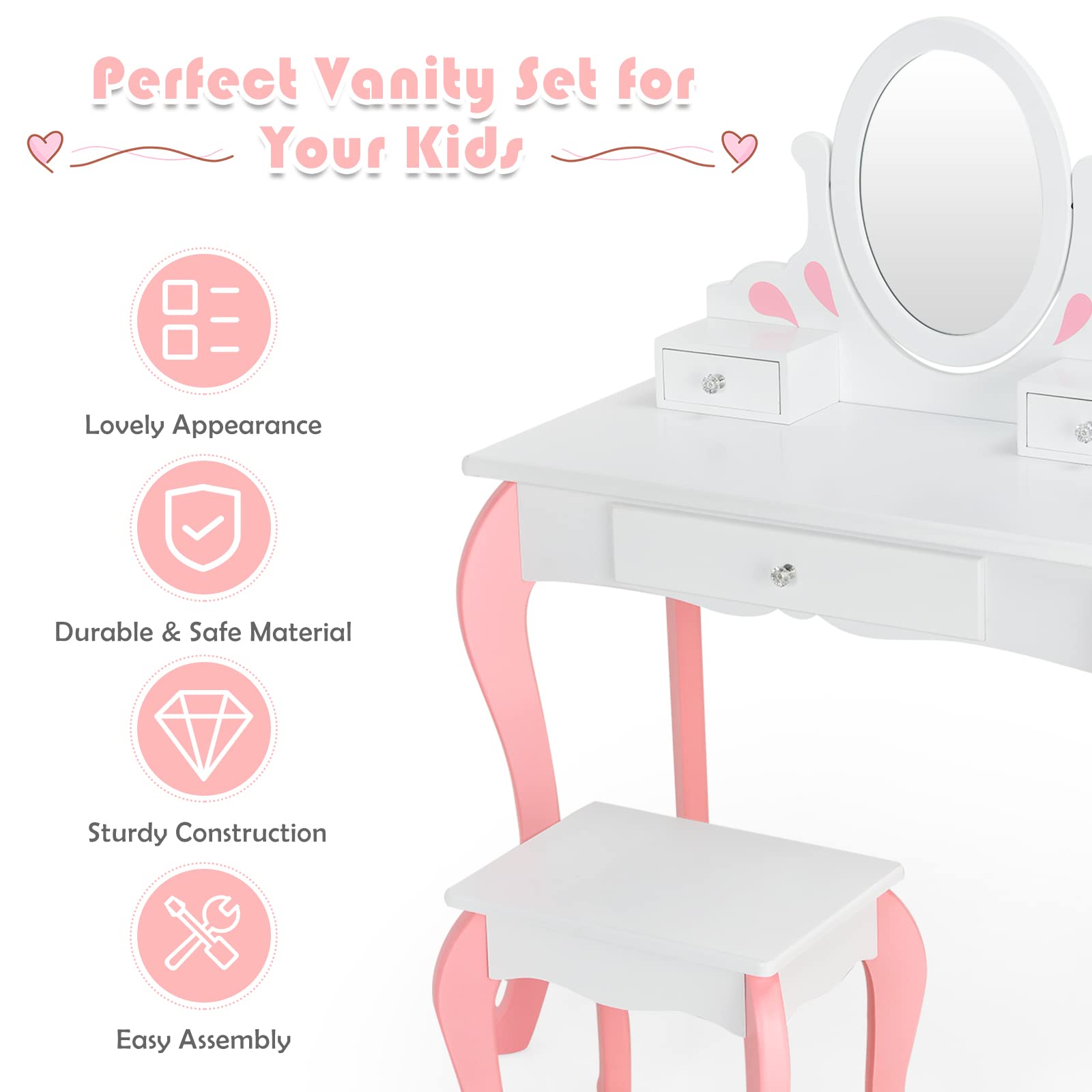 Olakids 2-in-1 Wooden Princess Vanity Set with 360° Rotating Mirror & Storage Drawer - Kids Makeup Table & Chair for Girls, Pretend Play Beauty Dressing Toy Gift (White) - Perfect for Bedroom Decor & Role Play Activities