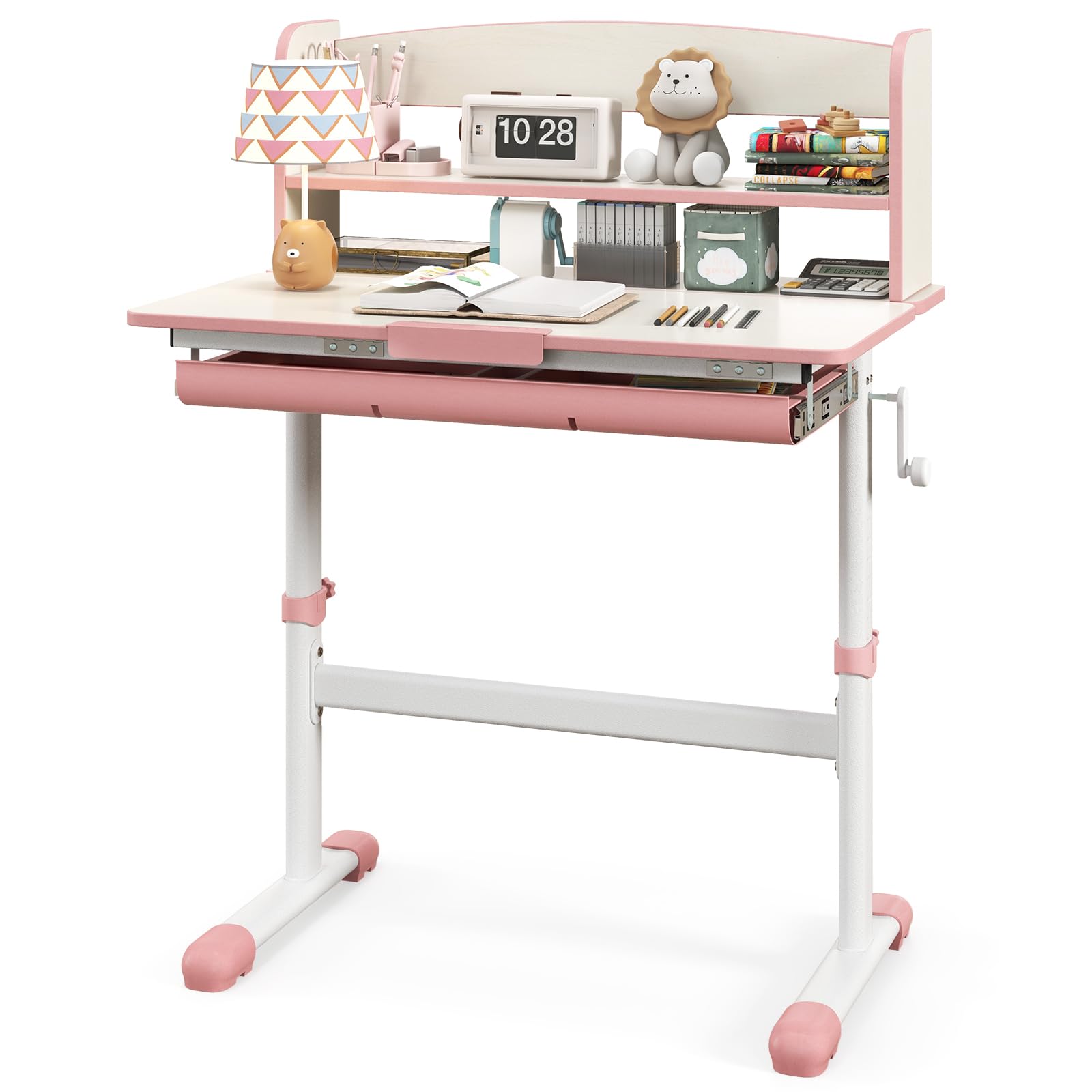 HONEY JOY Adjustable Kids Study Desk with 7-Level Tiltable Desktop, Bookshelf & Drawer - Ergonomic Wooden Writing Table for Boys & Girls - Perfect for Homeschooling, Online Learning & Bedroom Study (Pink)