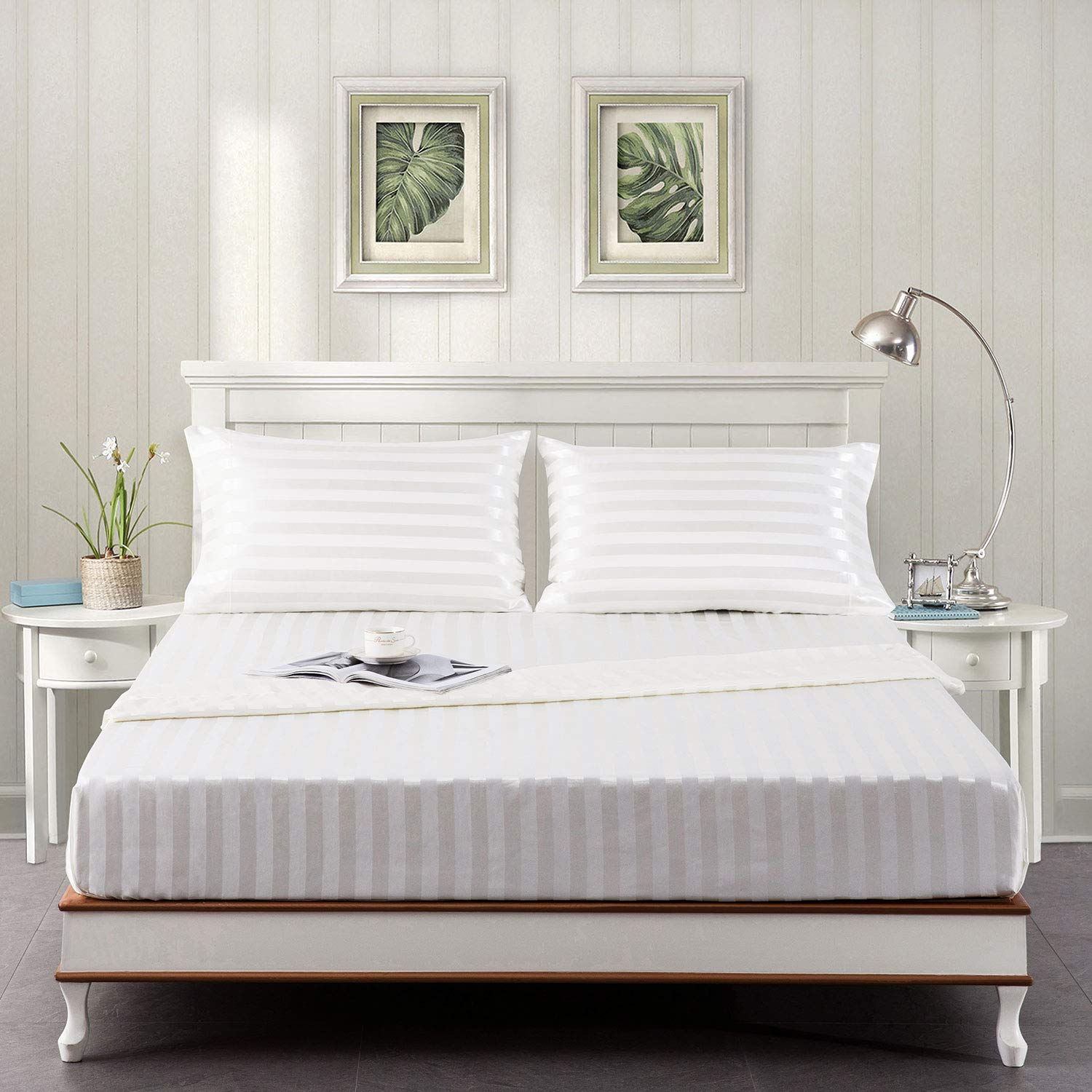 Lanest Housing Satin-Silk King Size Bed Sheets Set - Ivory White Cooling Soft Deep Pocket Sheets, Hypoallergenic Wrinkle & Fade Resistant Striped Bedding - Perfect for Luxury Hotels, Master Bedrooms & Hot Sleepers