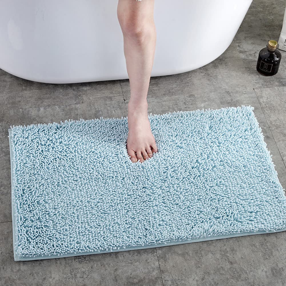 Soft Chenille Bathroom Rug - Non-Slip Shaggy Bath Mat, Super Absorbent & Machine Washable Microfiber Plush Carpet for Bathroom, Shower & Bedroom Floor - Light Blue 20x31 Inches - Perfect for Cozy Bathroom Decor & Safe Shower Flooring
