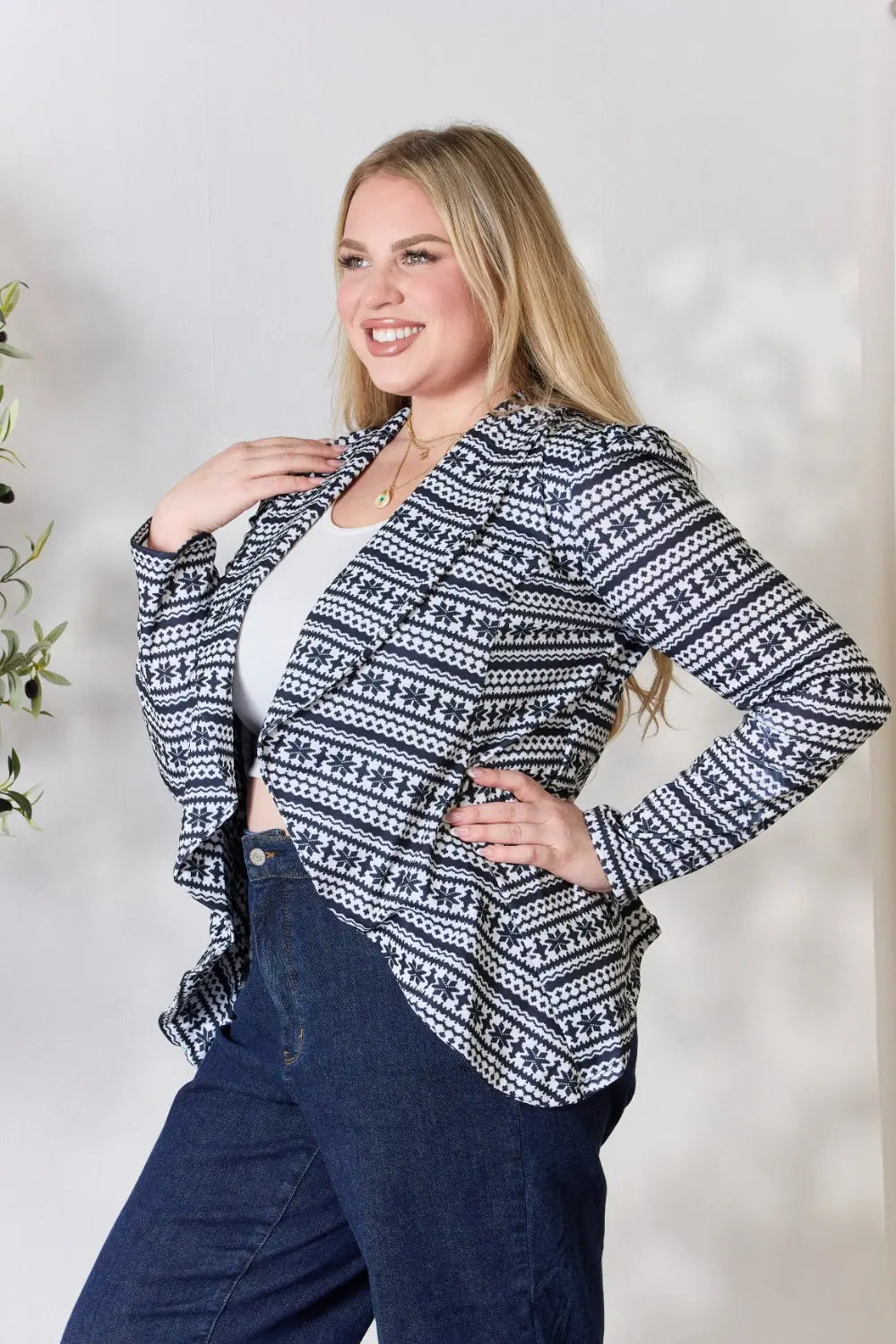 Heimish Full Size Open Front Printed Blazer for Women - Stylish Casual Office Wear & Spring Outerwear
