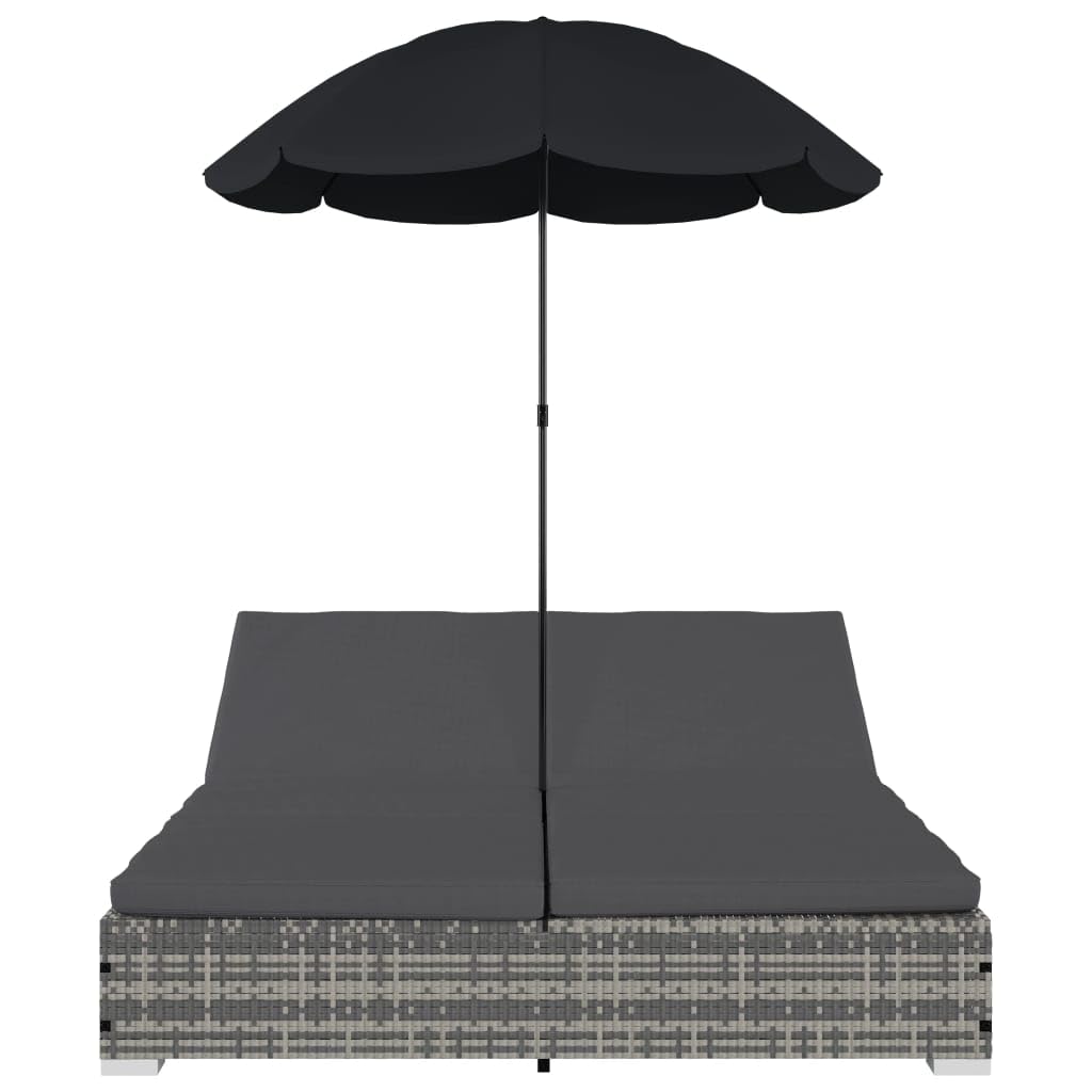 vidaXL Double Chaise Lounge Patio Daybed with Umbrella - Adjustable Outdoor Sun Lounger in Gray Poly Rattan, Waterproof & UV-Resistant - Perfect for Poolside Relaxation, Backyard Lounging, and Outdoor Sunbathing