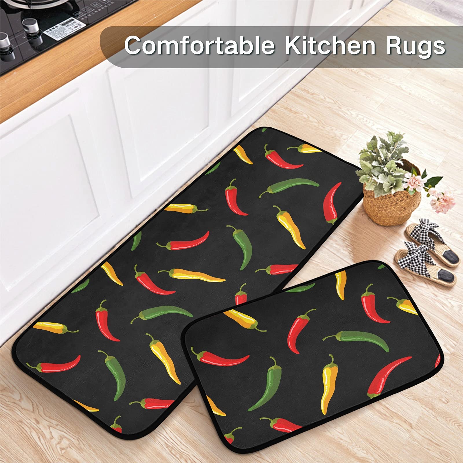 Colorful Chili Pepper Kitchen Rugs - Anti-Fatigue Non-Slip Mats for Cooking & Laundry