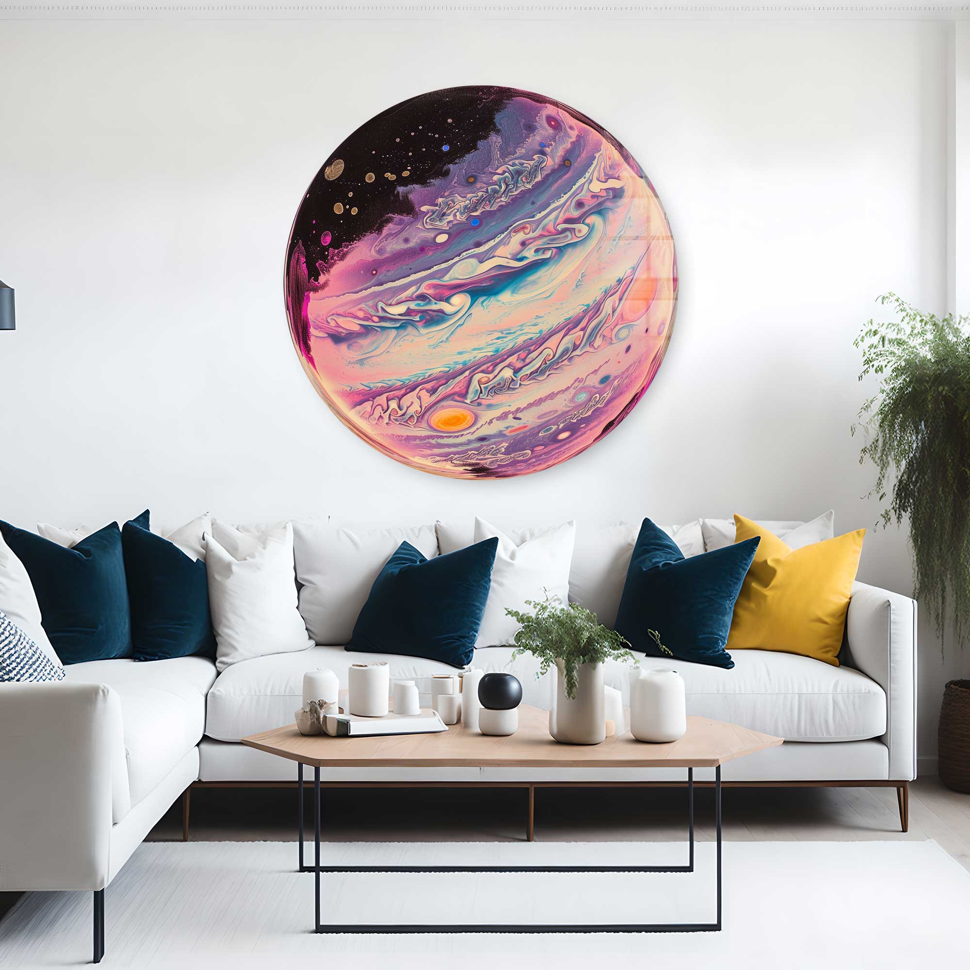 Handmade Ebru Art Rounded Glass Wall Decor - Unique Marble Painting for Living Room, Bedroom & Office