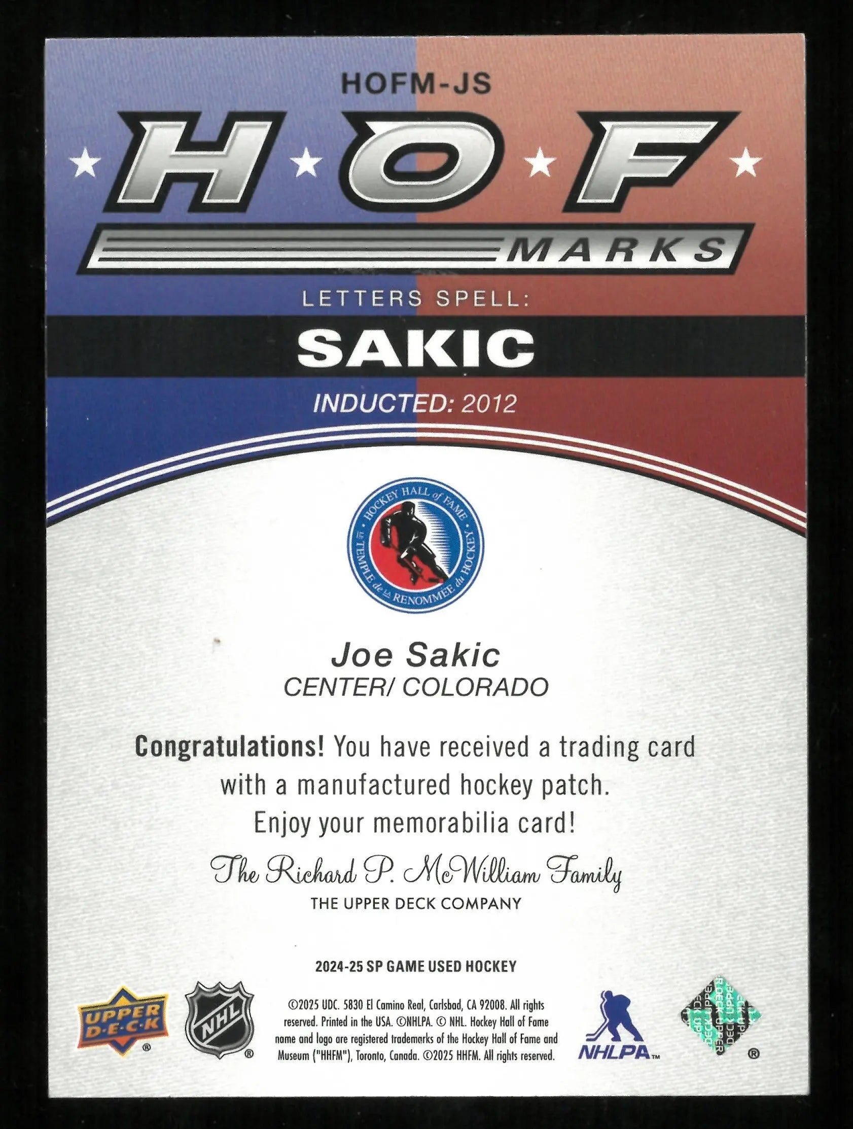 2024 Upper Deck SP Game Used Joe Sakic Hall Of Fame Marks Letter A /35 - Rare Hockey Collectible for NHL Fans & Sports Memorabilia Collectors - Perfect for Display, Investment & Gifting