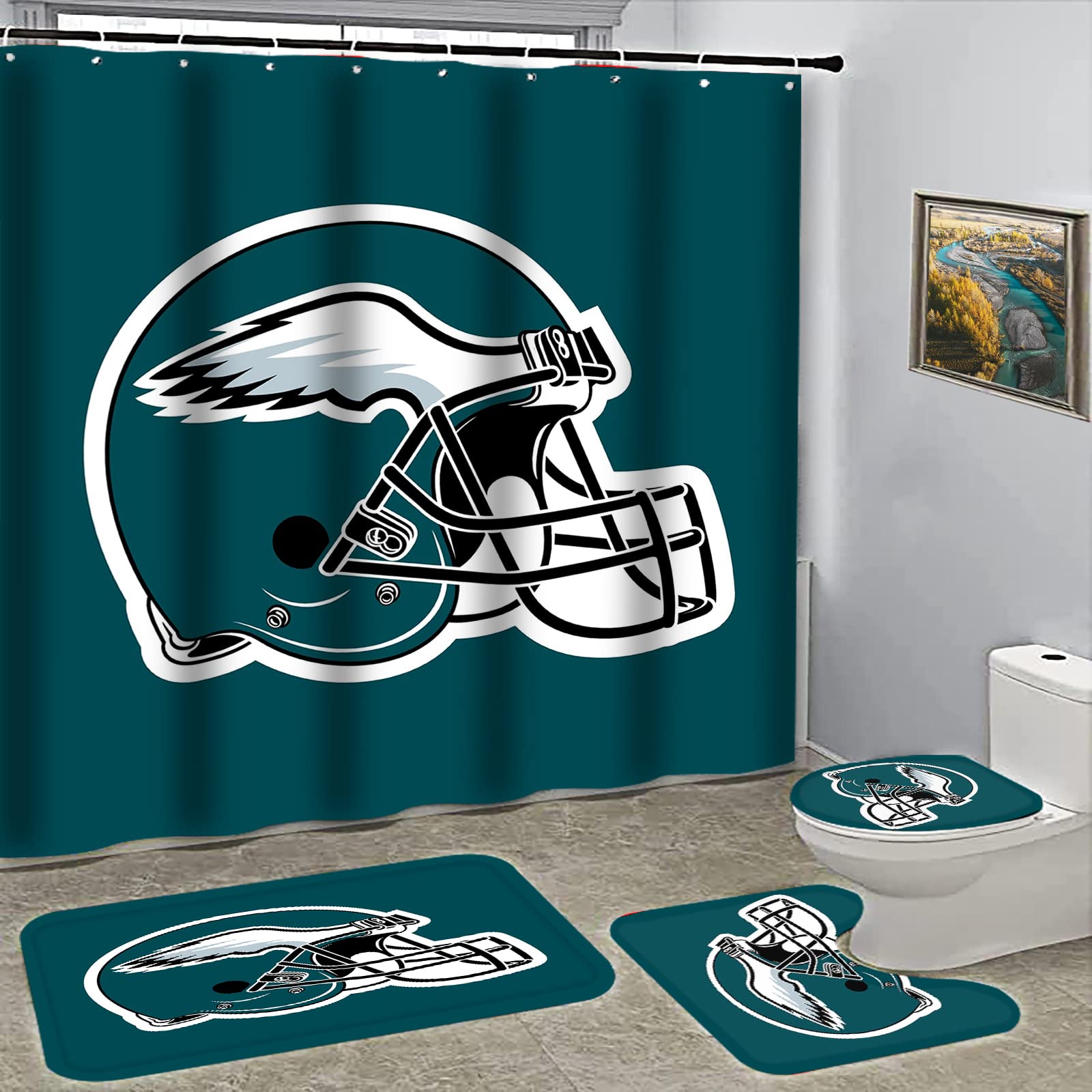 4PCS Eagle-Themed Bathroom Set - Non-Slip Shower Curtain with 12 Hooks, Toilet Lid Cover, Bath Mat & Rugs - Waterproof Bathroom Decor for Home (72