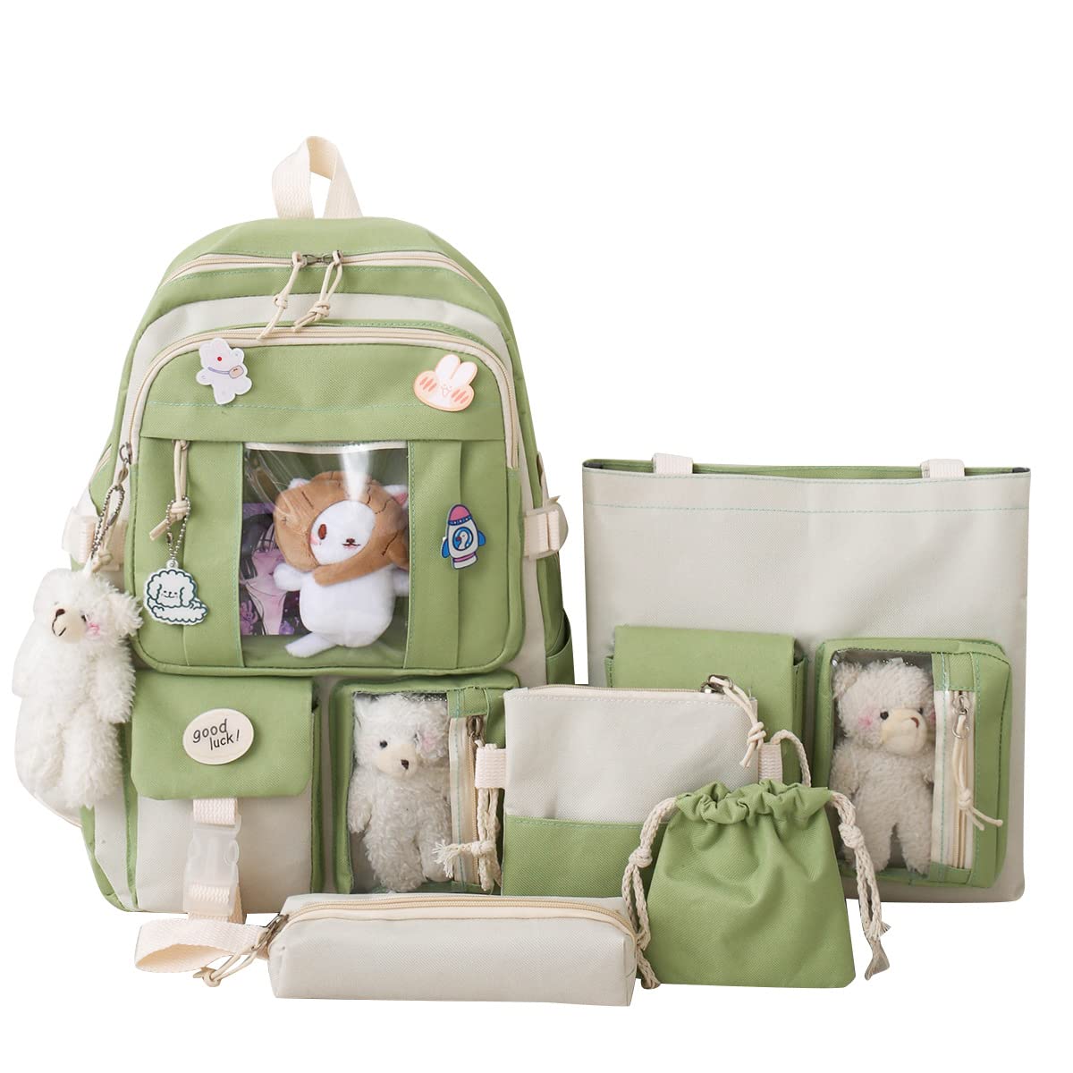 Cute Kawaii Backpack Lunch Bag Set for Teen Girls - School Backpack with Purse, Pencil Case & Crossbody Bag (Green) | Perfect for School, Travel & Daily Use