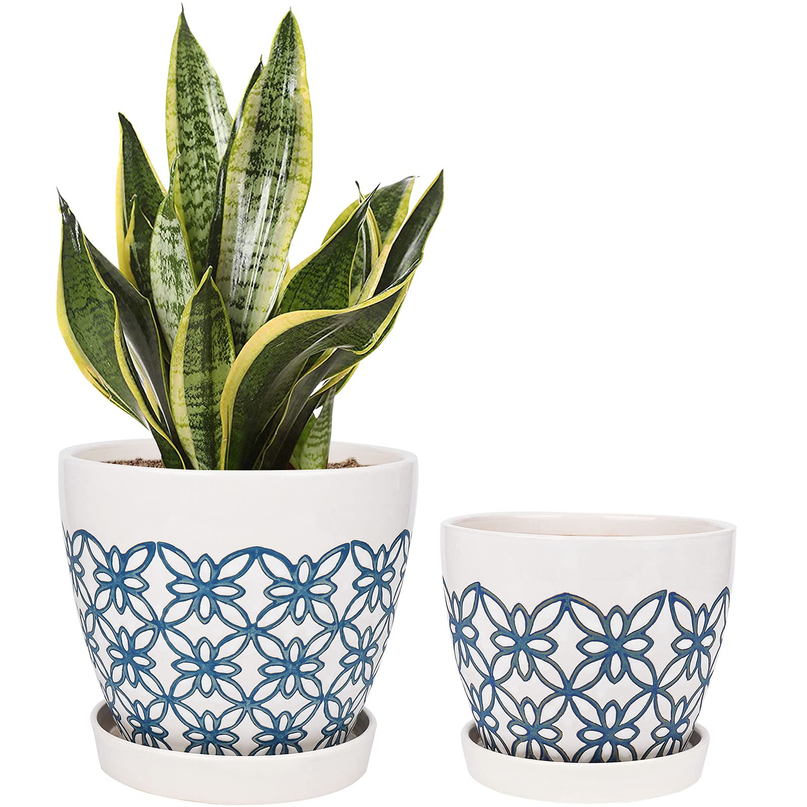 Modern Ceramic Plant Pots with Drainage Holes & Saucers - 6.6+5.4 Inch Set of 2 for Indoor/Outdoor Plants | Butterfly & Docrin Design Home Decor | Perfect Gift for Mom & Plant Lovers | Ideal for Living Room, Patio, or Office Decor
