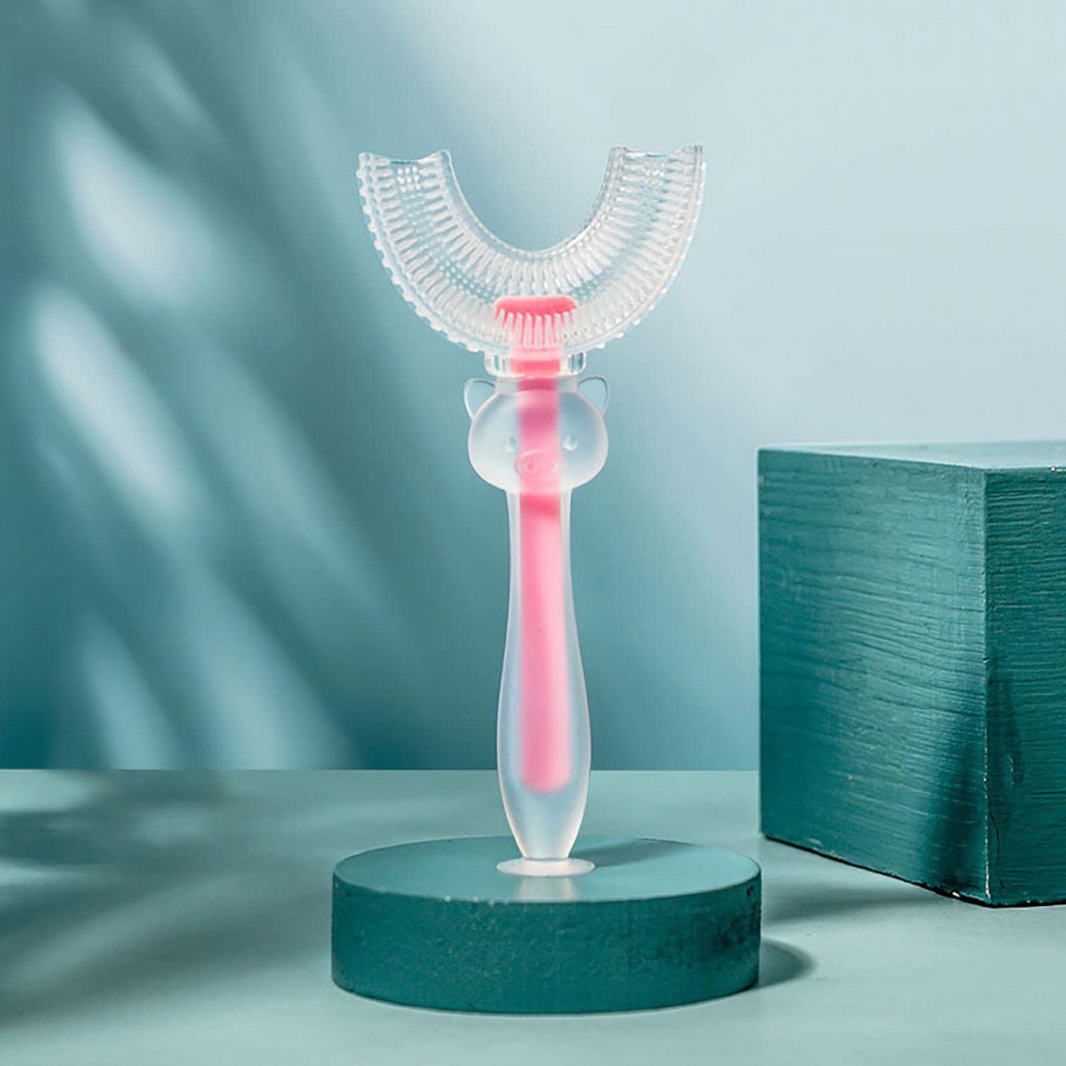 U-Shaped Kids Toothbrush with Suction Cup - Soft Silicone Toothbrush for Children Ages 2-12, 360° Oral Cleaning Design (Pink) - Perfect for Toddler Dental Care & Travel Bathroom Essentials