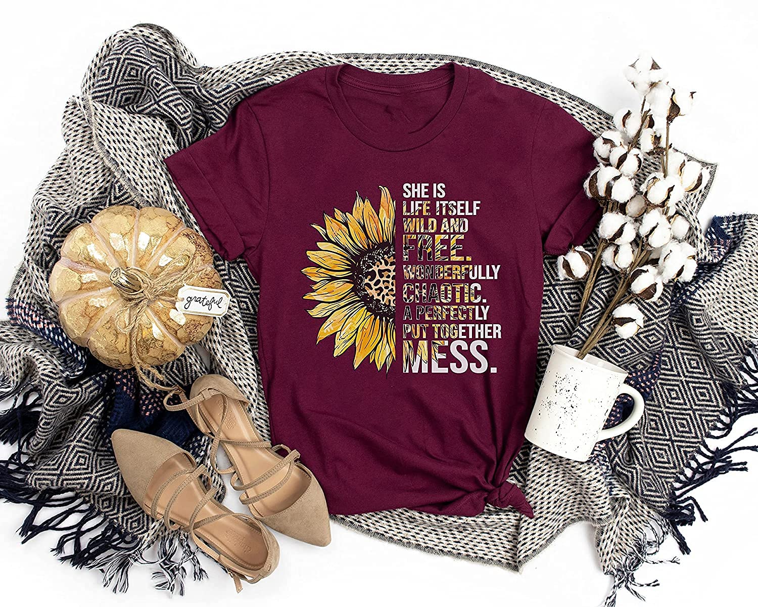 Wild and Free Floral T-Shirt for Women - Sunflower Print Long Sleeve Shirt, Sweatshirt & Hoodie Options - Perfect for Fall Fashion, Outdoor Adventures and Boho Style Outfits