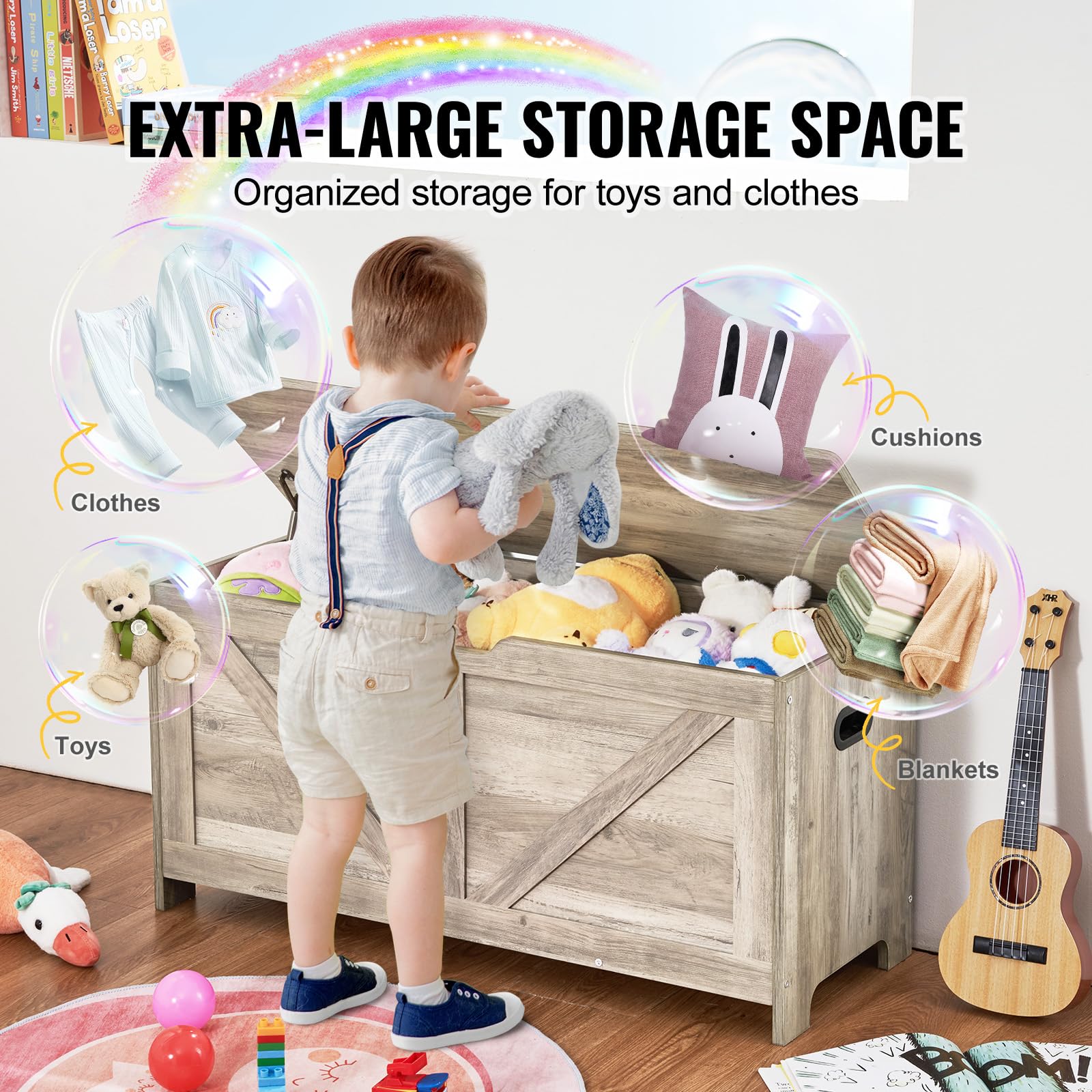 VEVOR Wooden Toy Storage Box for Kids & Toddlers - Large 38.98 x 15.55 x 18.9 Inch Flip-Top Toy Chest with Safety Hinge - Multifunctional Storage Bench for Playroom, Bedroom, Nursery or Living Room - Perfect for Organizing Toys, Books and Kids' Belongings (Gray)