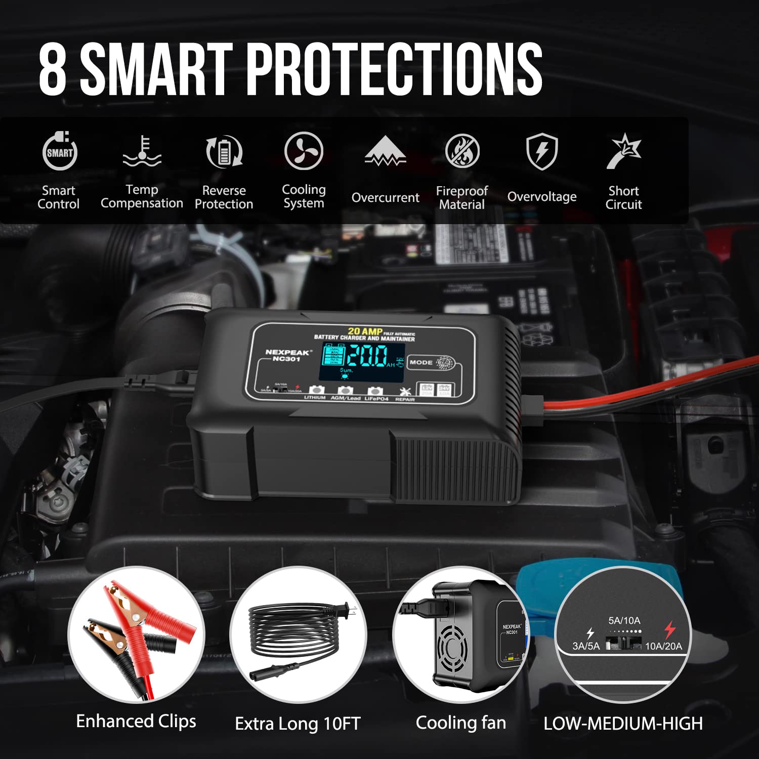 NEXPEAK NC301 20-Amp Smart Car Battery Charger - 12V/24V Automatic LiFePO4 Charger with Temperature Compensation - Ideal for Cars, Trucks, Boats, RVs - Maintains Lead Acid & Lithium Batteries - Perfect for Winter Storage & Long-Term Vehicle Maintenance