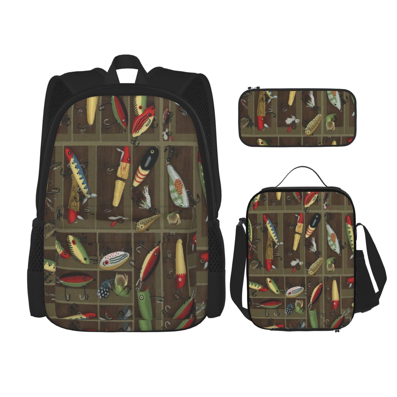 Fishing Lure Design School Backpack for Boys & Girls - Durable Student Bookbag Set with Lunch Box & Pencil Case - Perfect for School, Camping, and Outdoor Adventures