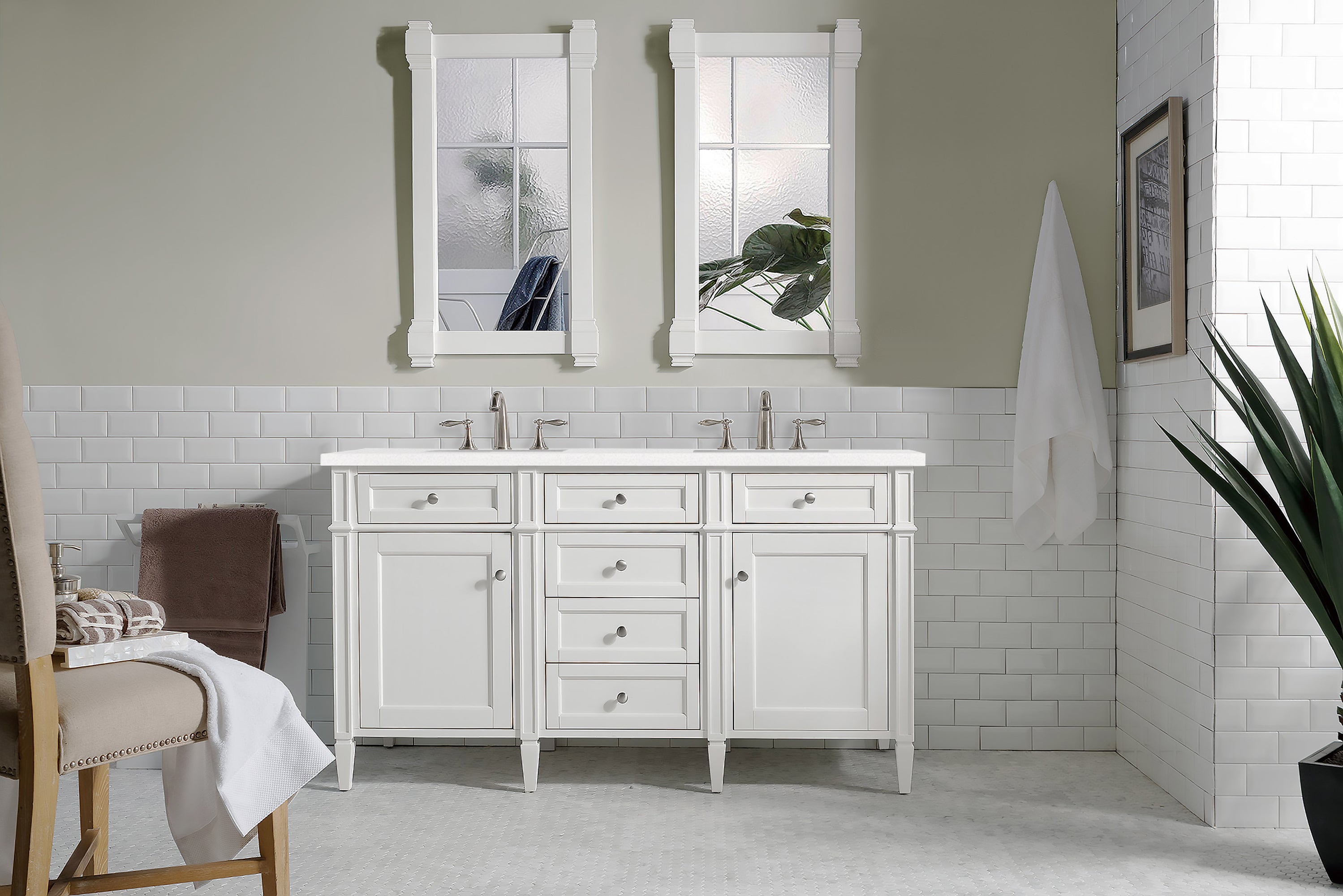 Brittany 60-Inch Bright White Double Bathroom Vanity with 3CM White Zeus Quartz Countertop | Modern Bathroom Upgrade for Master Suite & Guest Bath
