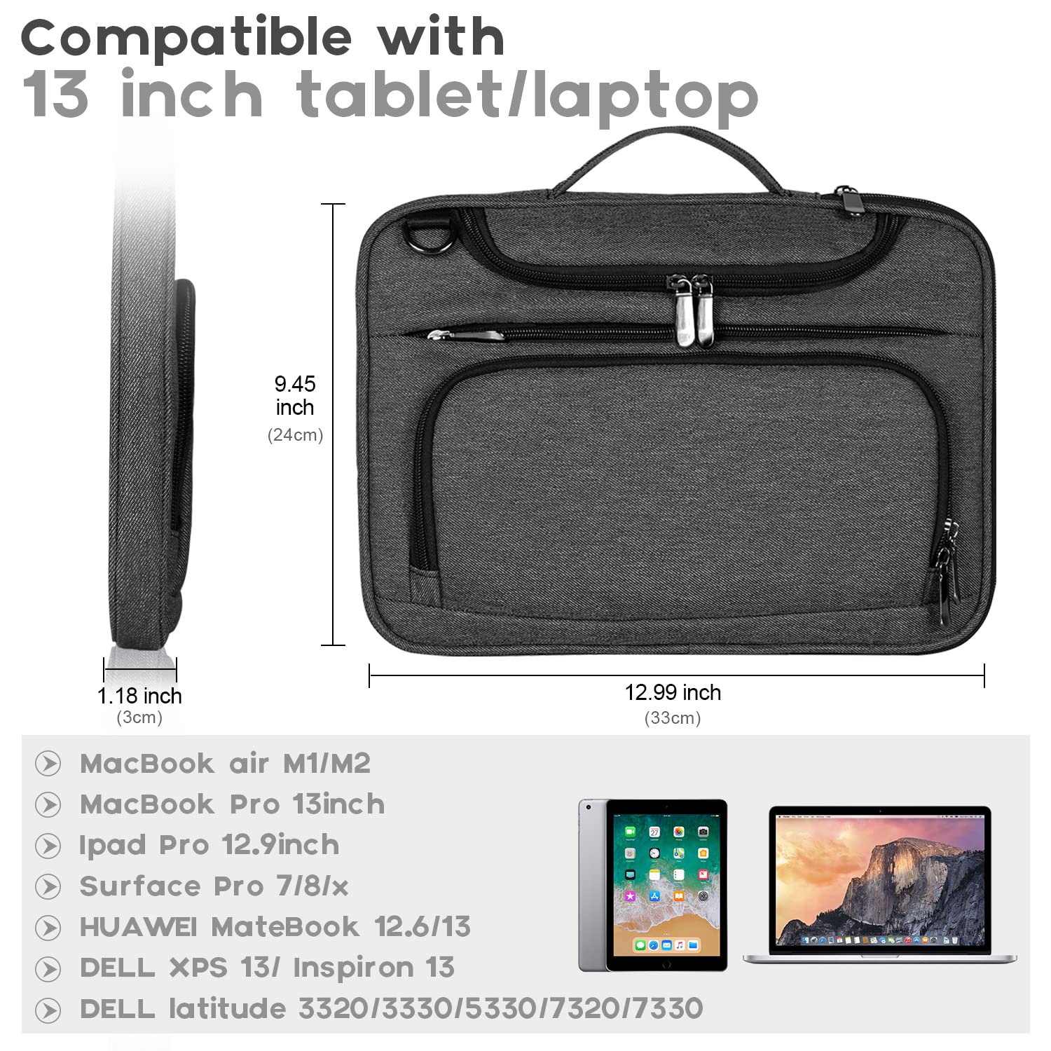 BERTASCHE 13.3 Inch Laptop Sleeve Bag for MacBook Air/Pro & Surface Pro 7/8/X - Padded Protective Case with Adjustable Strap & Charger Pocket - Perfect for Work, Travel & School