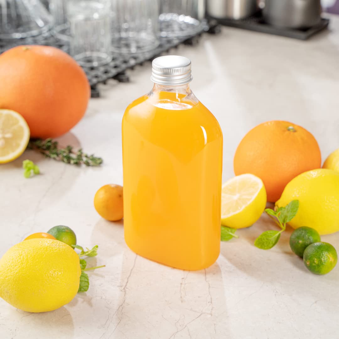 Restaurantware Bottle Tek 10oz Empty Plastic Liquor Bottles (100-Pack) with Aluminum Lids - Clear Disposable Flasks for Juice, Ginger, Sauces & Party Favors | Perfect for Bars, Catering & DIY Cocktail Kits