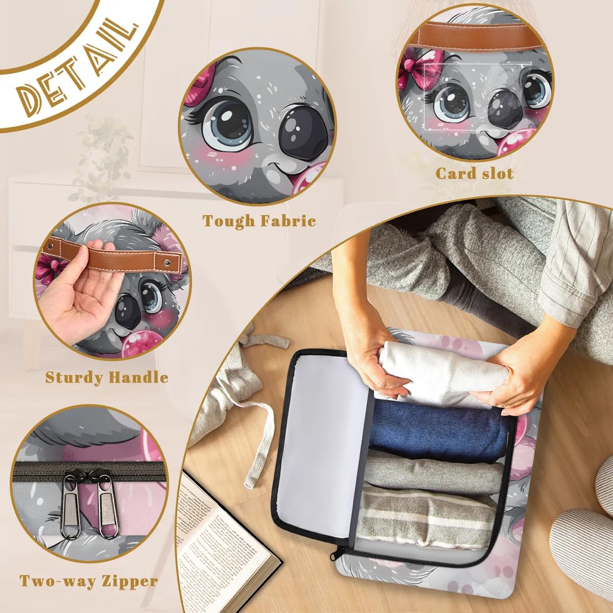 Cute Koala Bow Storage Bins with Zipper Lid - 2pcs Stackable Closet Organizer Baskets with Metal Frame & PU Handles - Perfect for Clothes, Toys, and Home Organization