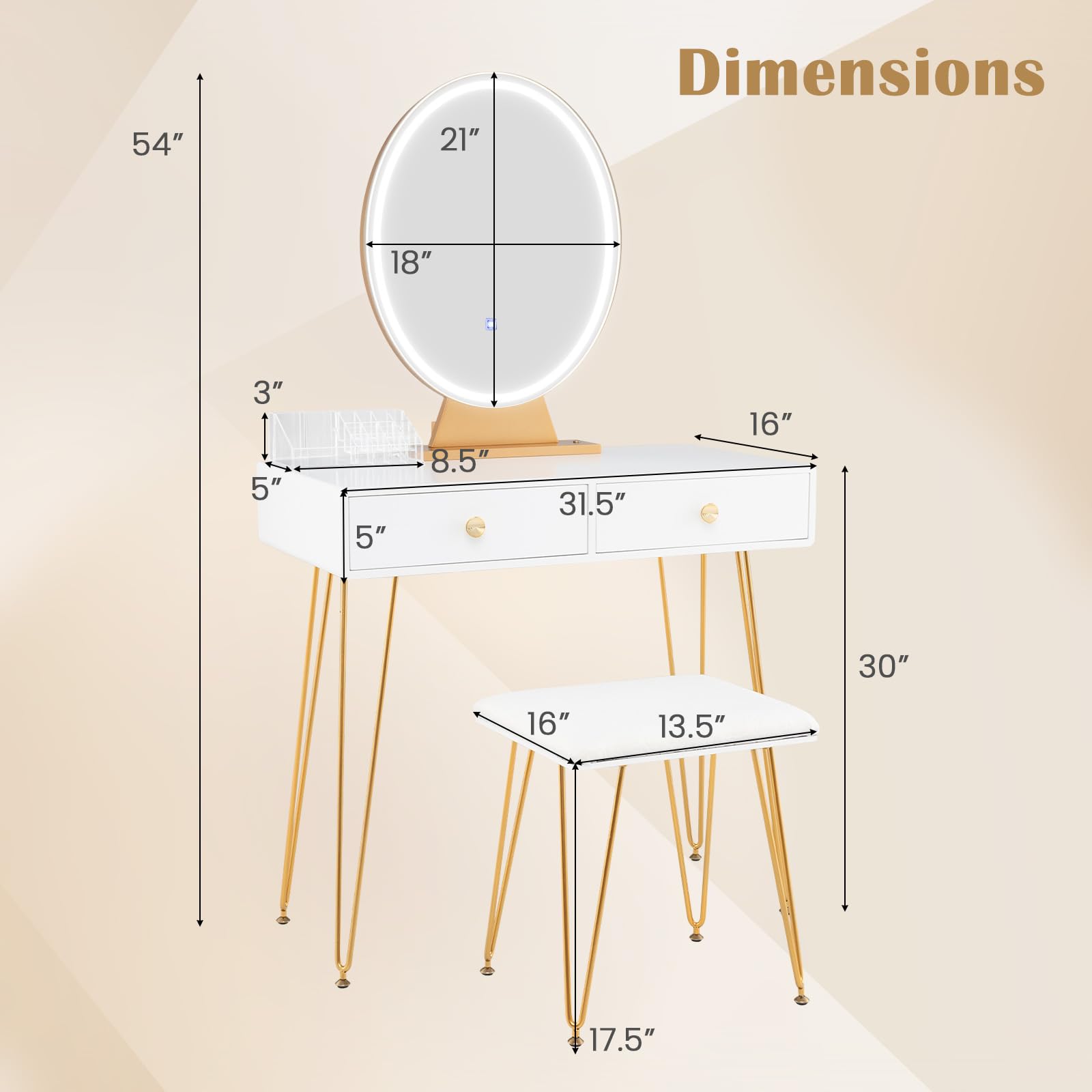 Charmaid White & Gold Makeup Vanity Table with LED Lighted Mirror, 2 Large Drawers, Adjustable 3 Lighting Modes - Modern Dressing Table with Stool for Small Spaces | Perfect for Bedroom, Dorm Room, and Apartment Makeup Station