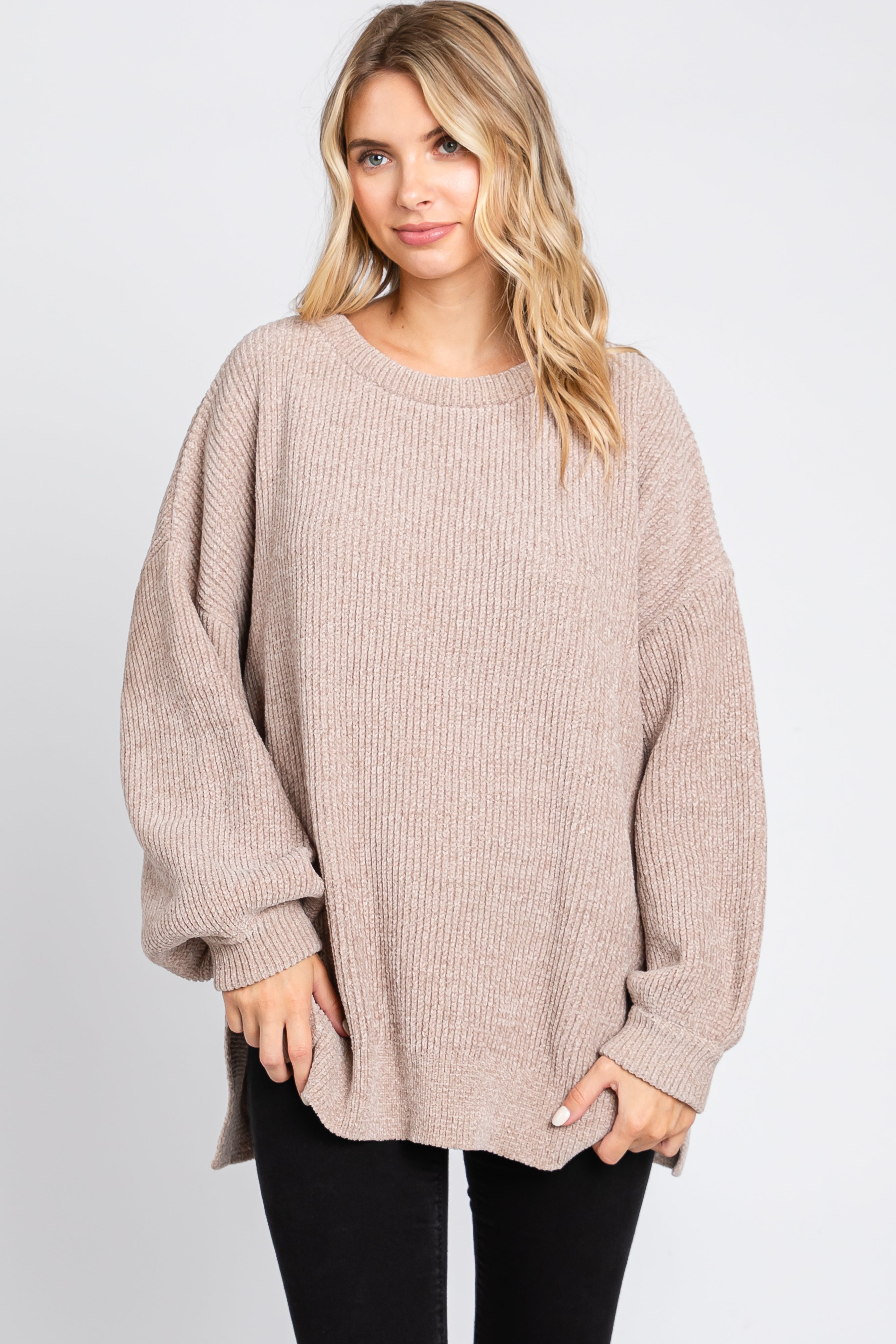 Cozy Beige Chenille Knit Balloon Sleeve Sweater for Women - Soft Oversized Pullover for Fall & Winter - Perfect for Casual Outfits, Date Nights and Office Wear
