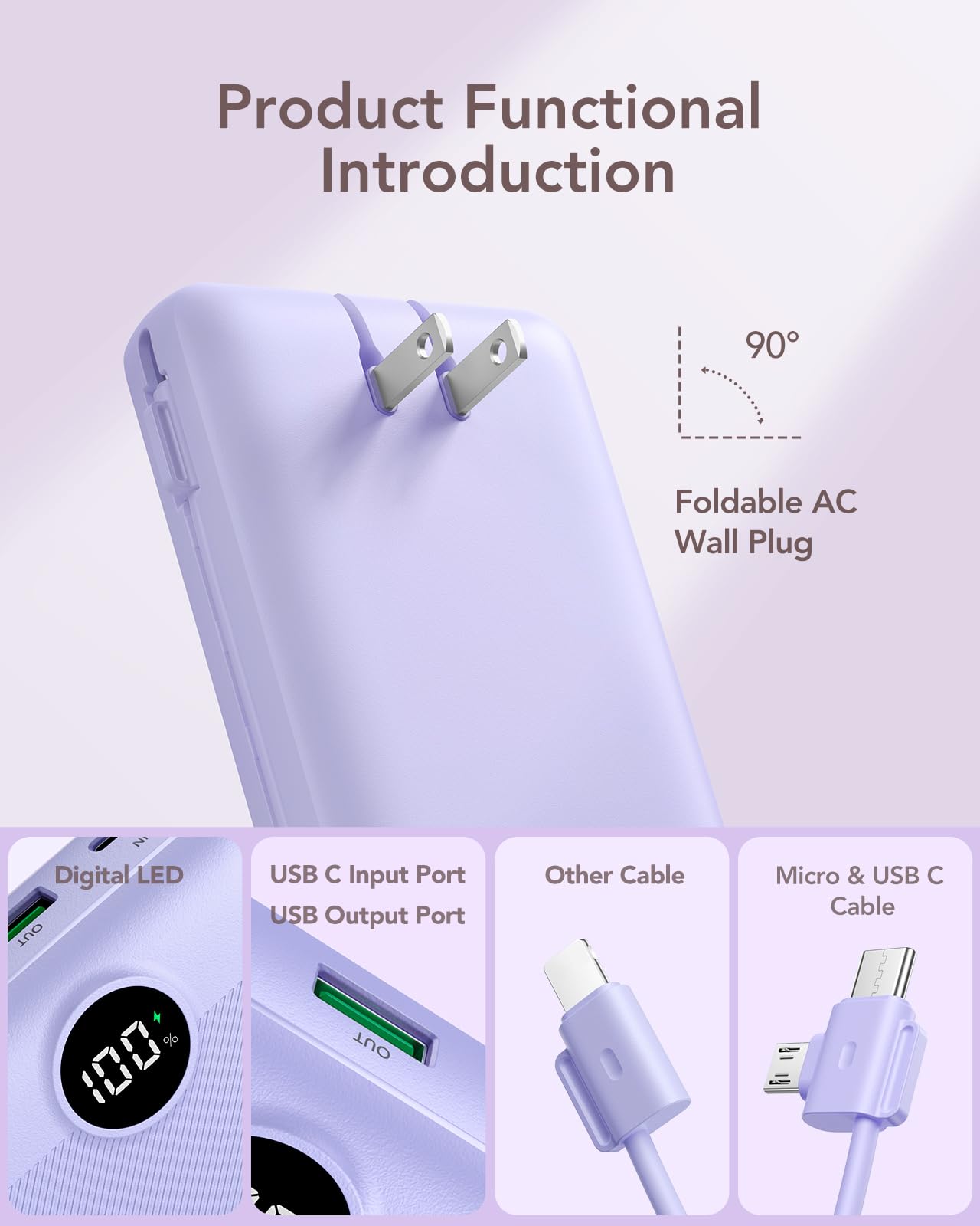VRURC 20000mAh Portable Charger with Fast Charging - USB C Power Bank, 4 Outputs & 2 Inputs, LED Display, Built-in Wall Plug & Cables | Perfect for Travel, Camping, and Emergency Phone Charging (Purple)