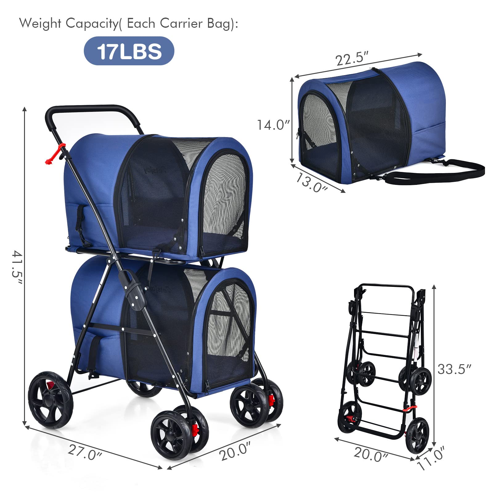 Giantex Double Pet Stroller for Dogs & Cats - 2 Detachable Carrier Bags, Safety Belt, 4 Lockable Wheels - Foldable Travel Carrier for Small & Medium Pets - Perfect for Park Walks, Vet Visits & Shopping Trips (Navy Blue)