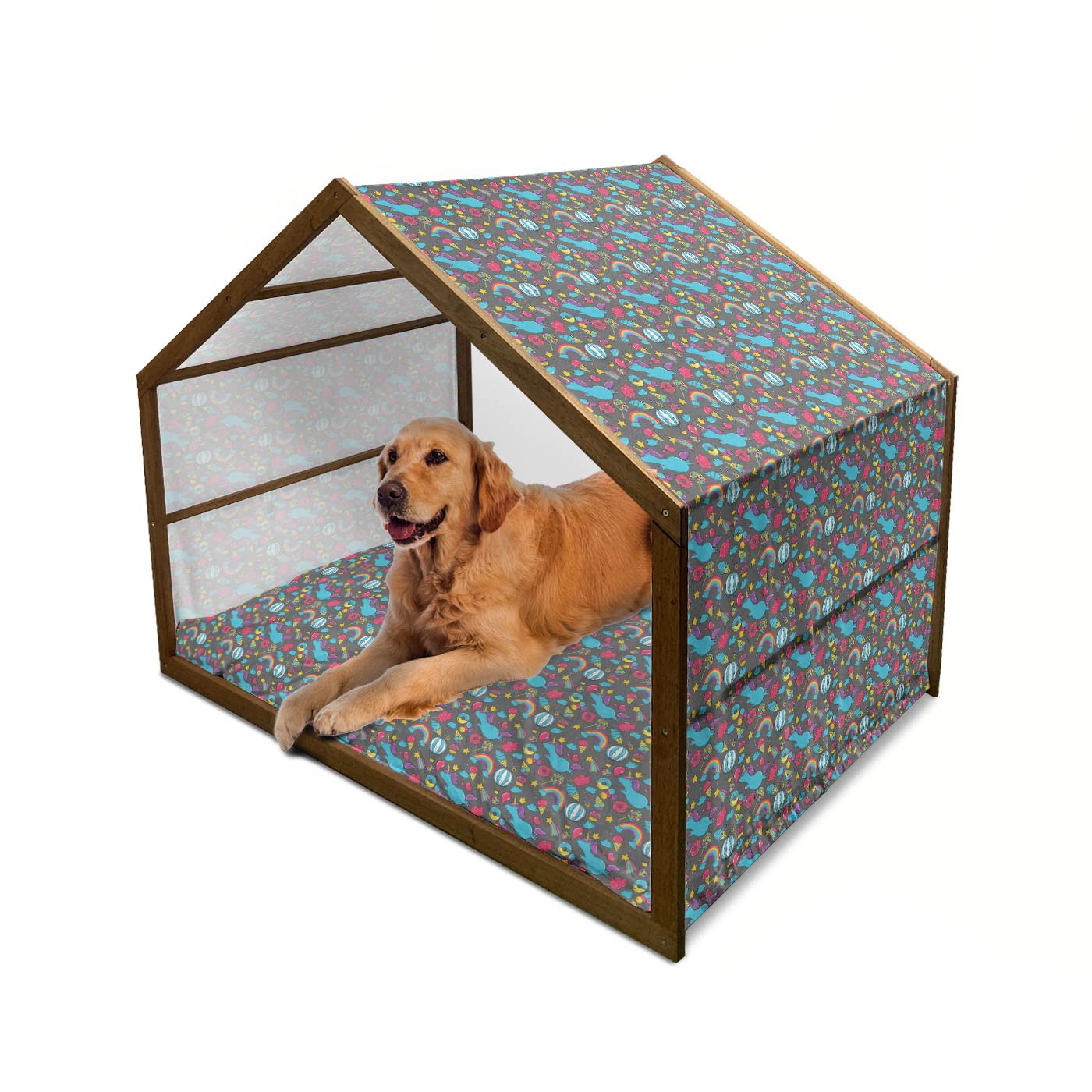 Ambesonne Unicorn Wooden Dog House - XL Indoor & Outdoor Portable Pet Kennel with Pillow & Cover, Fantasy Cartoon Design with Rainbows, Clouds & Hot Air Balloons - Perfect for Backyard, Patio, or Living Room Decor