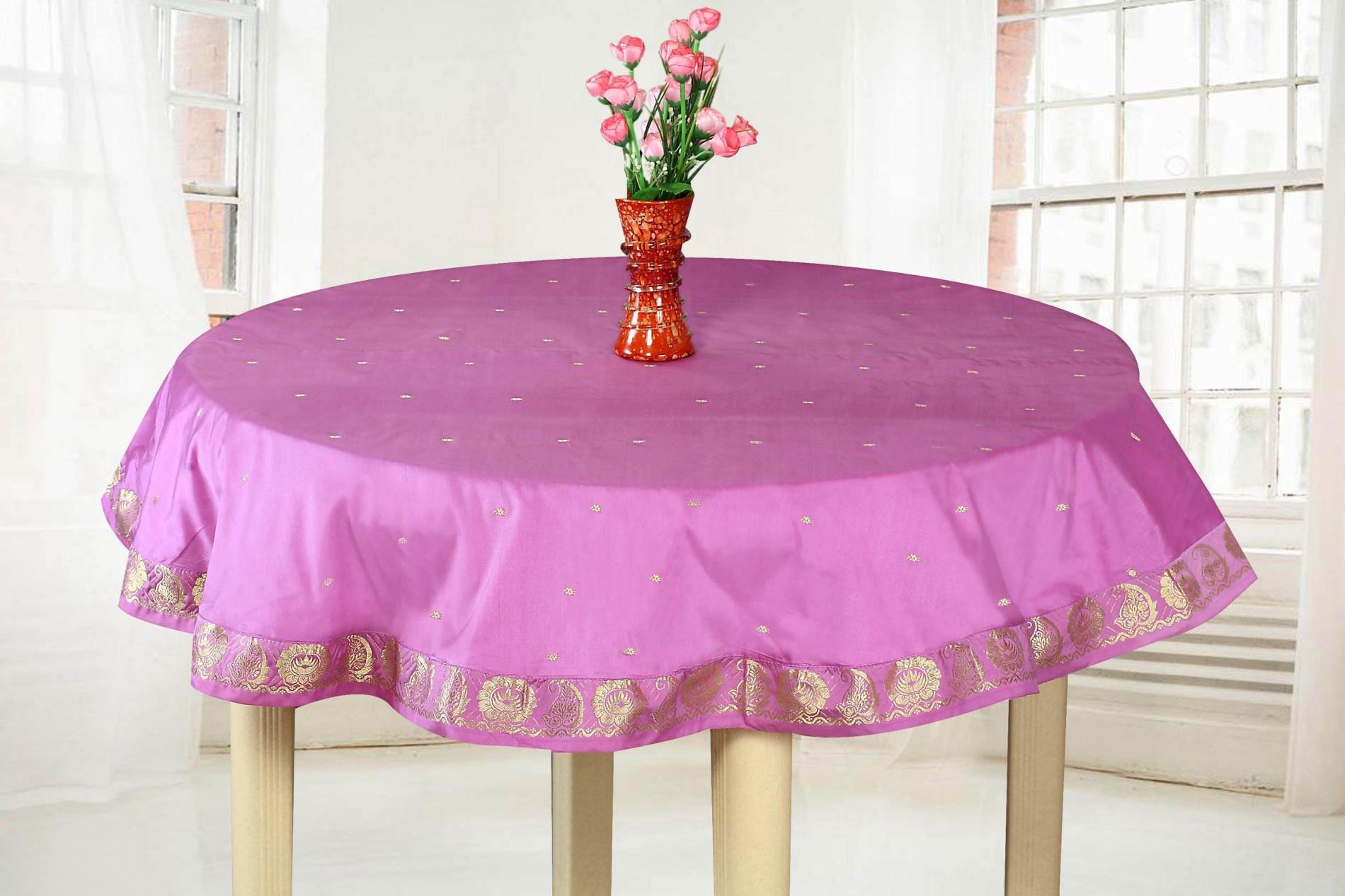 Handmade Lavender Sari Fabric Round Tablecloth with Golden Paisley Borders - 80 Inch Diameter Indian Home Decor for Weddings, Parties & Daily Dining Use