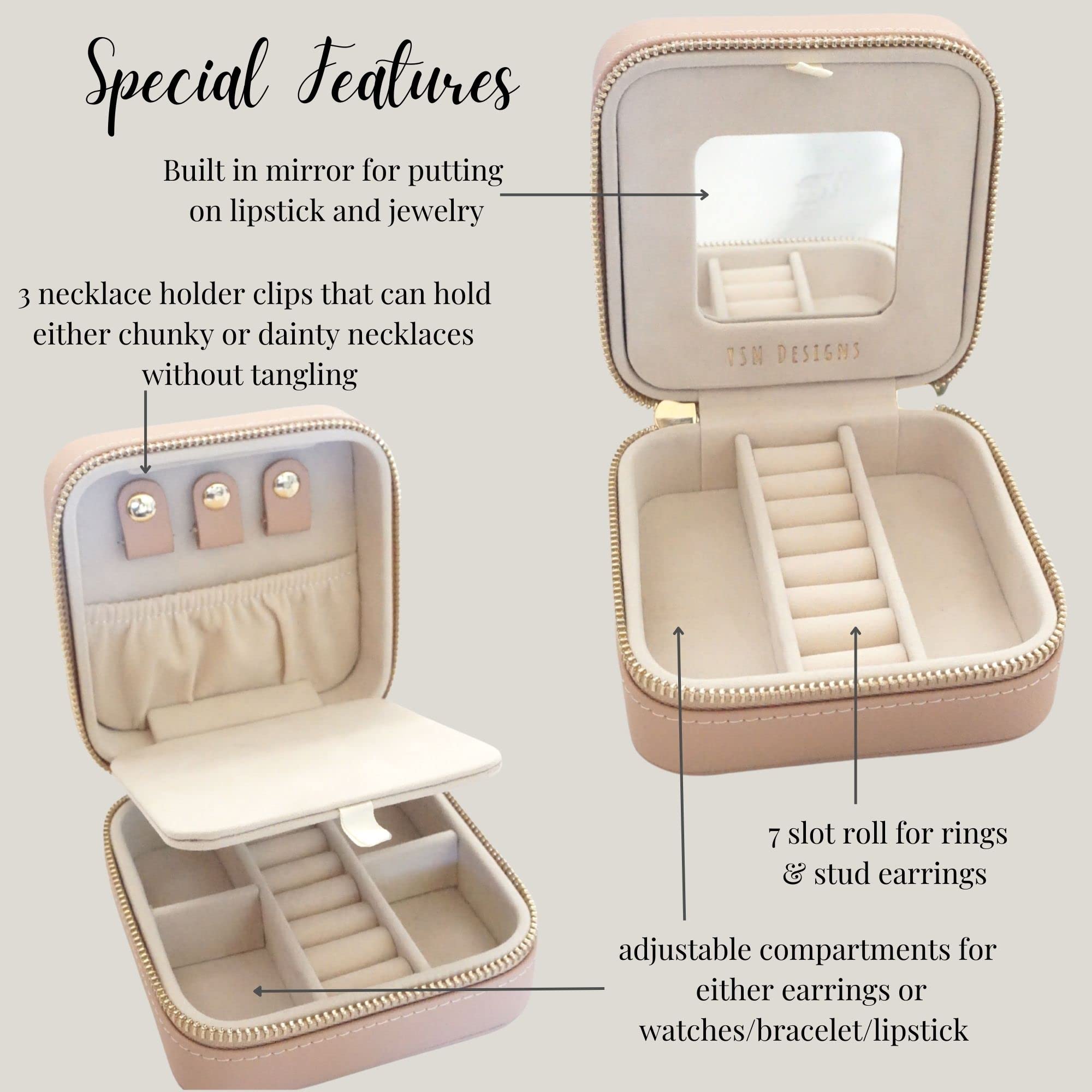 YSM Designs Travel Jewelry Organizer Box - Portable Jewelry Case for Women with Mirror | Compact Earring & Necklace Storage | Beige Jewelry Box for Travel, Vacation & Daily Use
