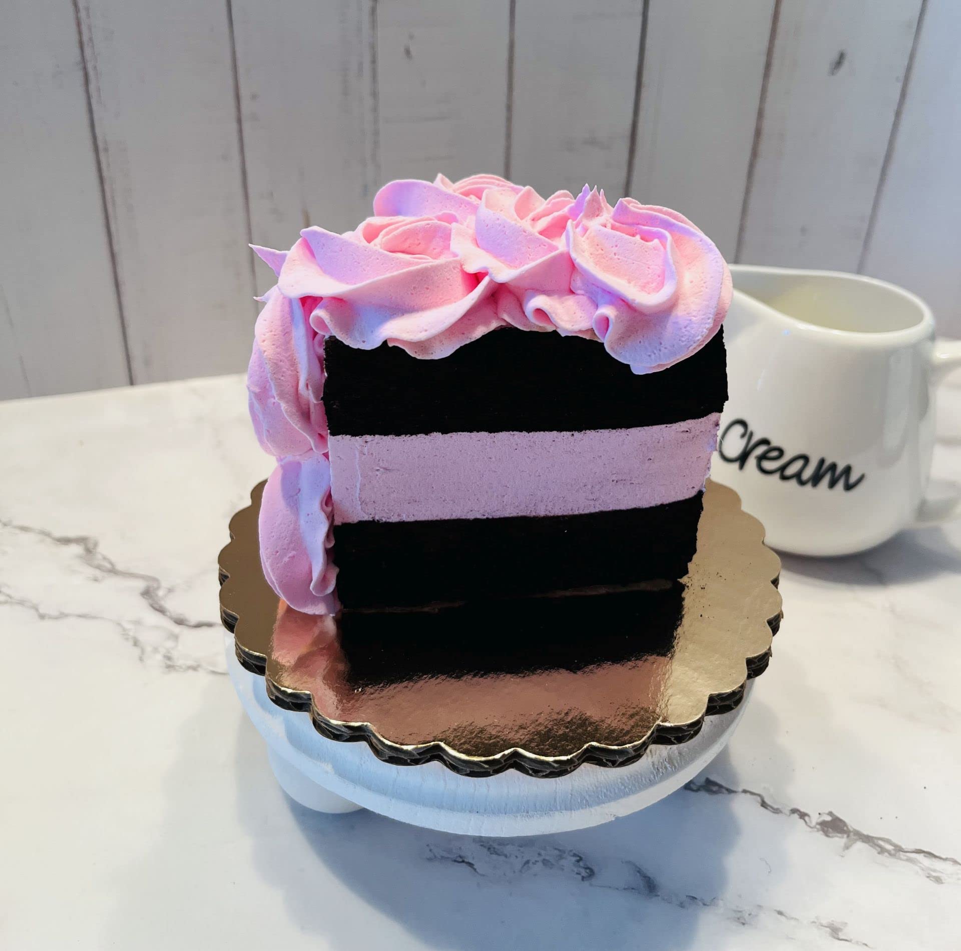 Artificial Cupcakes & Fake Cake for Display - USA Made Faux Cake Decorations - Home & Kitchen Fake Desserts - Fake Cake Slice with Pink Rosette - Perfect for Wedding, Party & Bakery Display