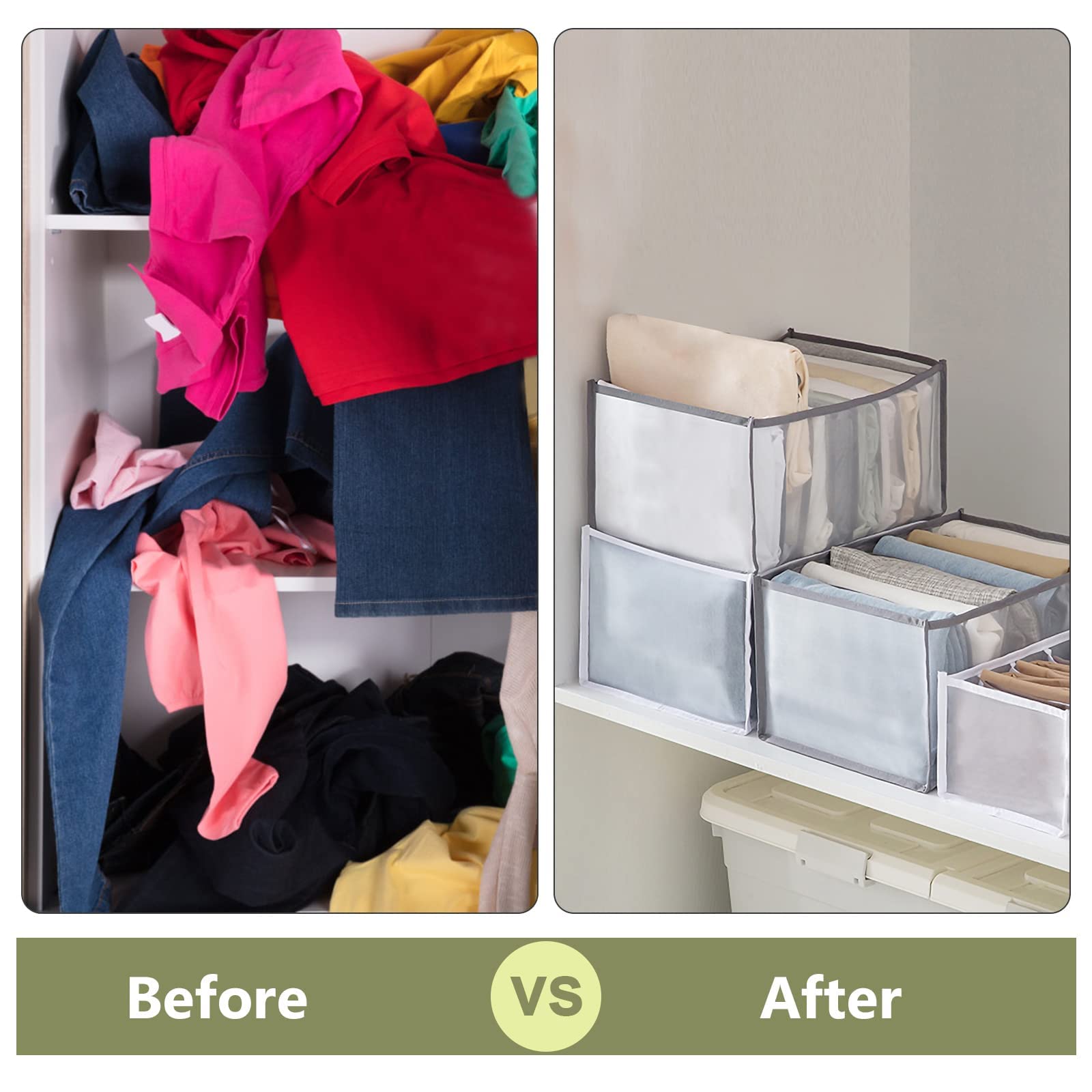 TOOVREN Extra Large 9-Grid Jeans Organizer - Foldable Drawer Closet Storage with Washable Compartments (3-Pack) | Perfect for Denim, Pants & Clothing Organization in Bedroom, Closet or Dorm