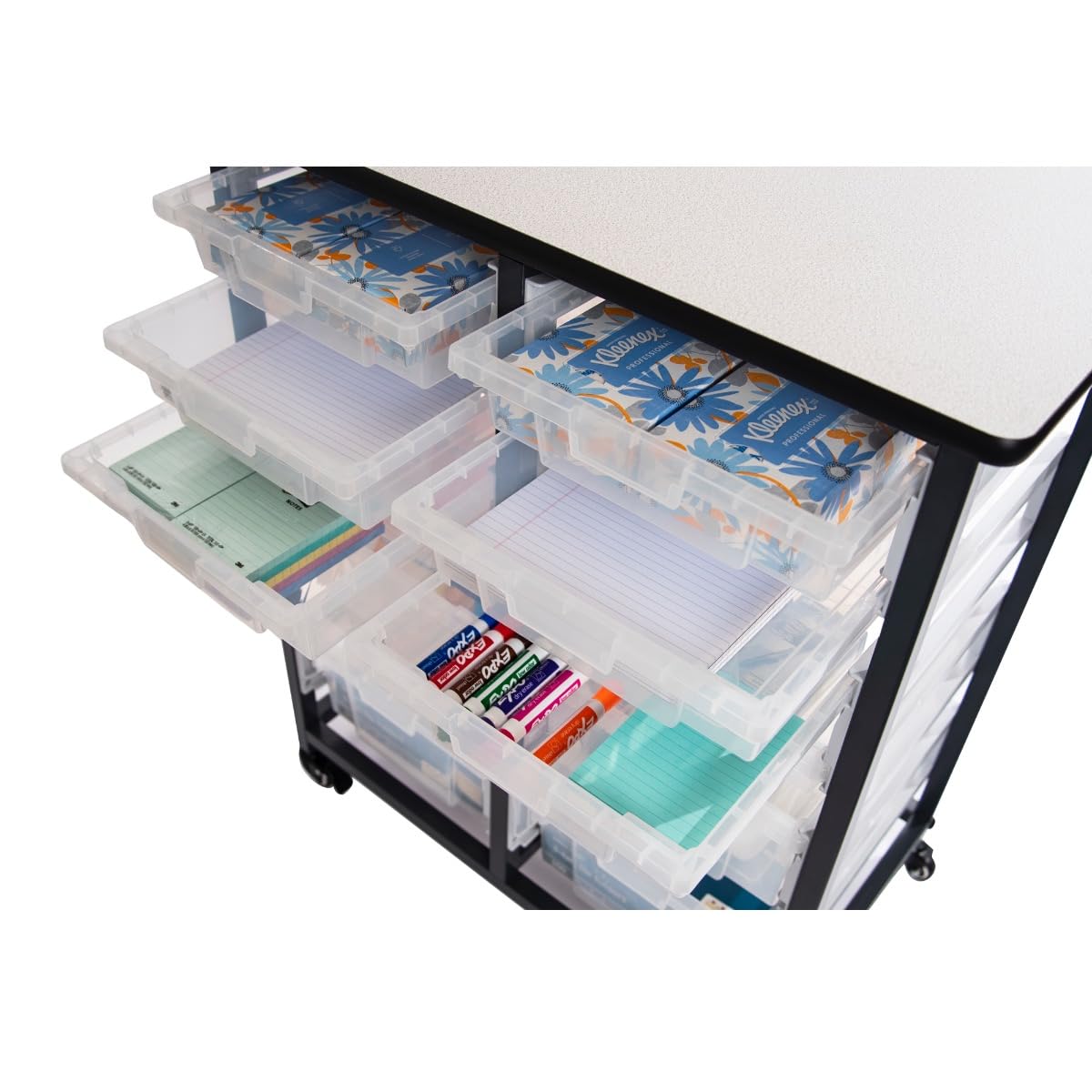 LUXOR MBS-DR-16S-CL Mobile Storage Bin Unit - 16 Small Clear Bins for Office Organization & Craft Supplies Storage | Double Row Rolling Cabinet for Home, School & Workplace