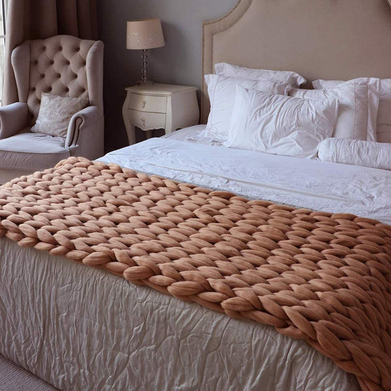 Handmade Chunky Knit Throw Blanket - 47x71 inches (120x180cm) - Soft Khaki Knitted Blanket for Couch, Sofa & Bed - Perfect Cozy Gift for Home, Winter & Christmas Decor